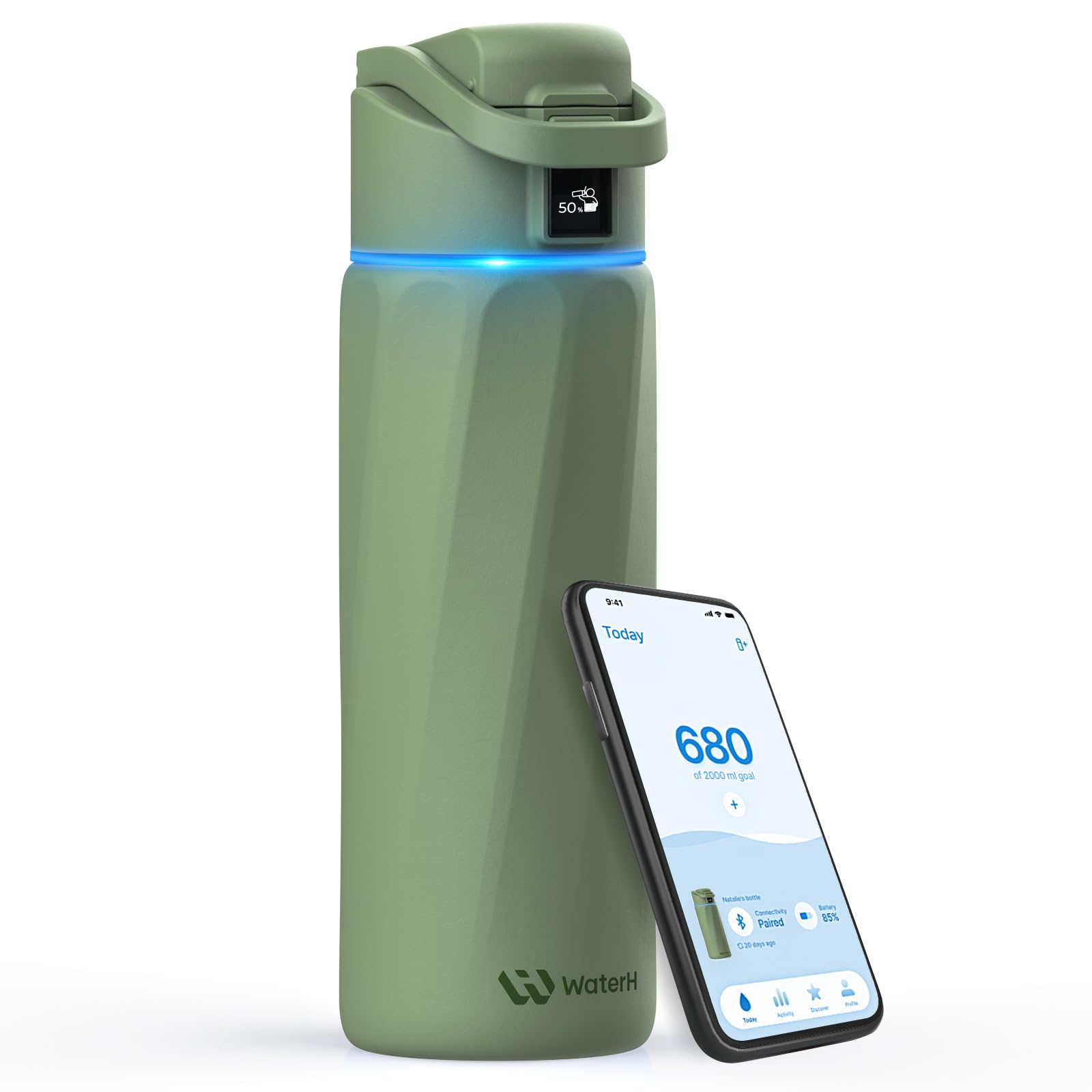 WATERH Boost Bouteille d'eau intelligente avec rappel de boire de l'eau, 710 ml, en acier inoxydable sans BPA, bouteille isotherme sous vide, bouteille d'eau à large goulot avec application, cadeau