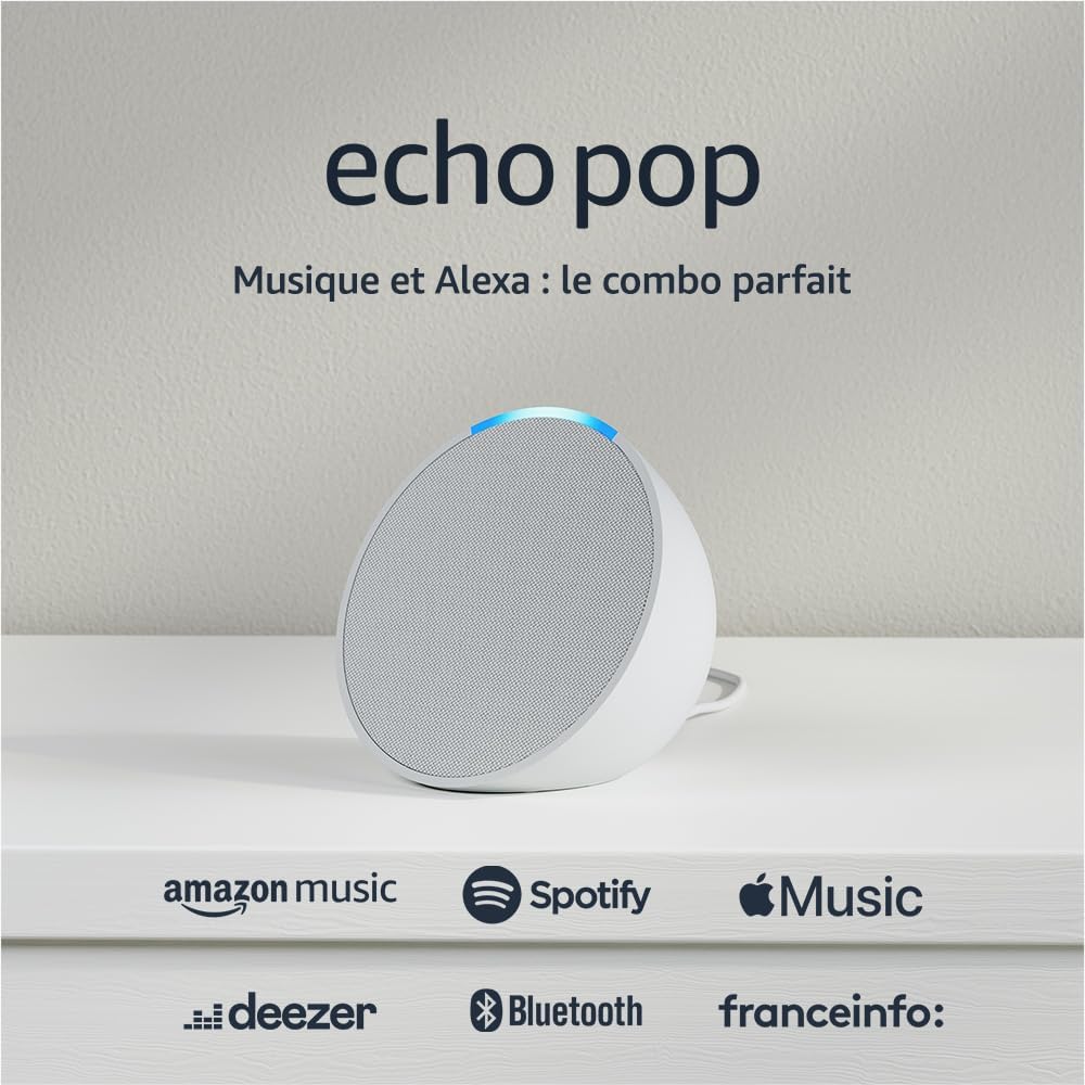 Echo Pop (Nouvelle génération) | Enceinte connectée Bluetooth et Wi-Fi compacte au son riche, avec Alexa | Blanc