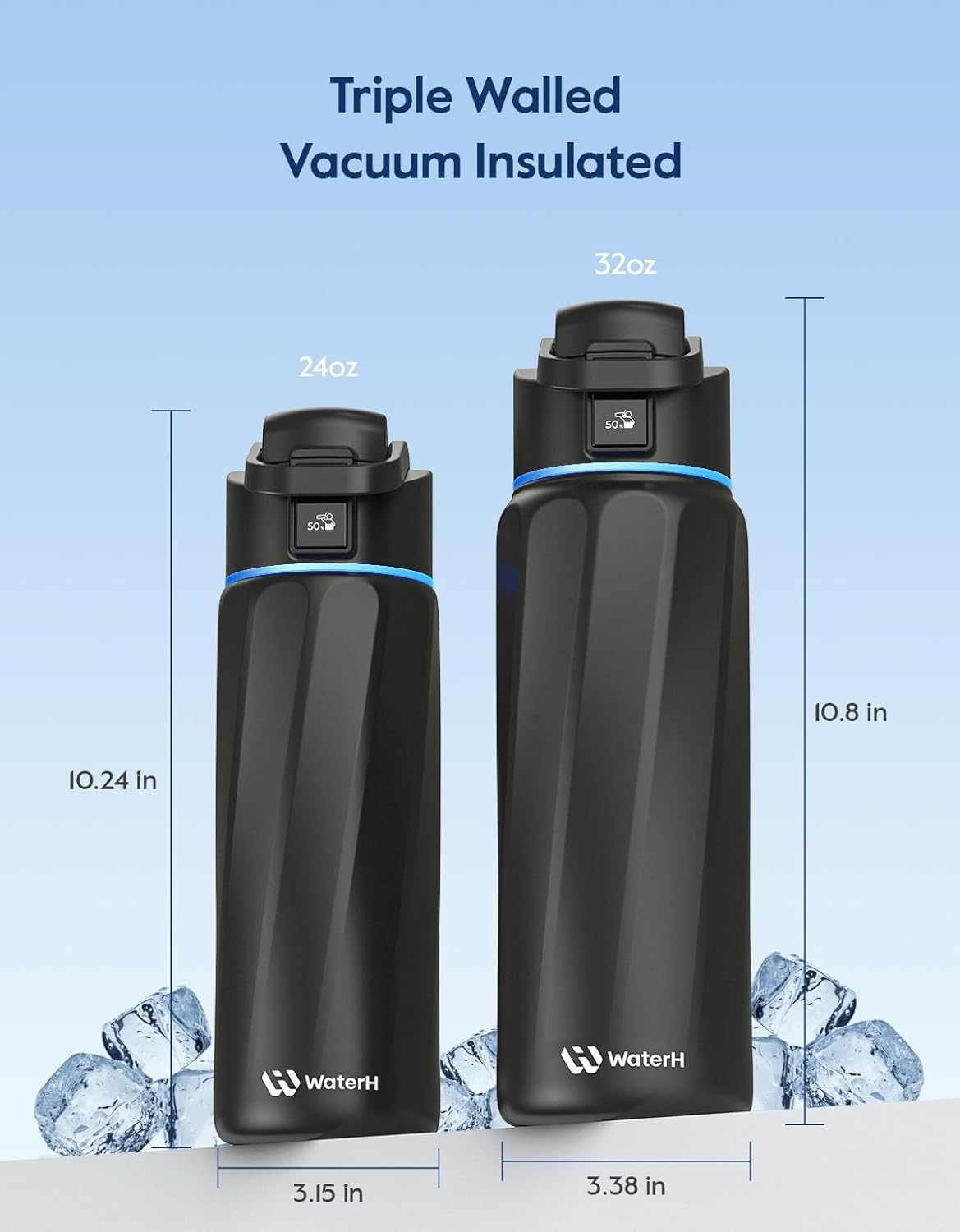 WATERH Boost Bouteille d'eau intelligente avec rappel de boire de l'eau, 710 ml, en acier inoxydable sans BPA, bouteille isotherme sous vide, bouteille d'eau à large goulot avec application, cadeau