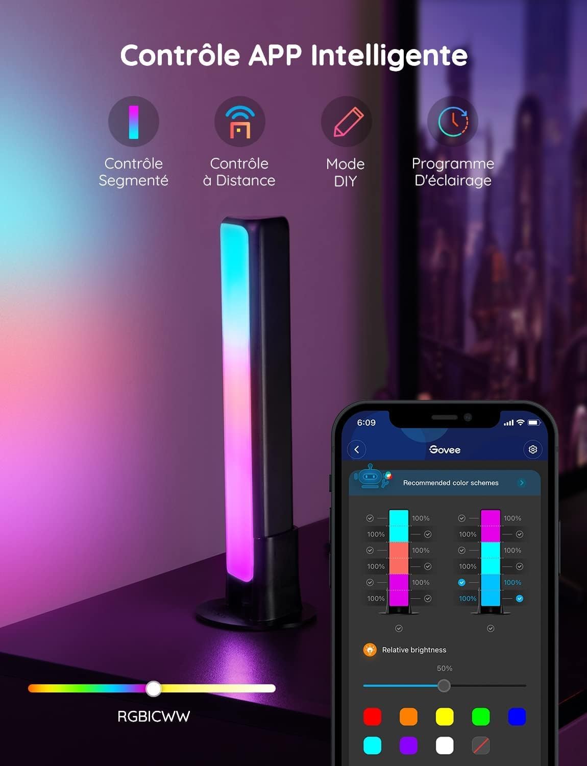Govee Lampe LED TV, Barres RGBICWW WiFi avec Alexa et Google Assistant, Light Bars avec Modes Scène et Modes Musique, Déco pour Jeu, Photos, PC, Télévision, Pièce