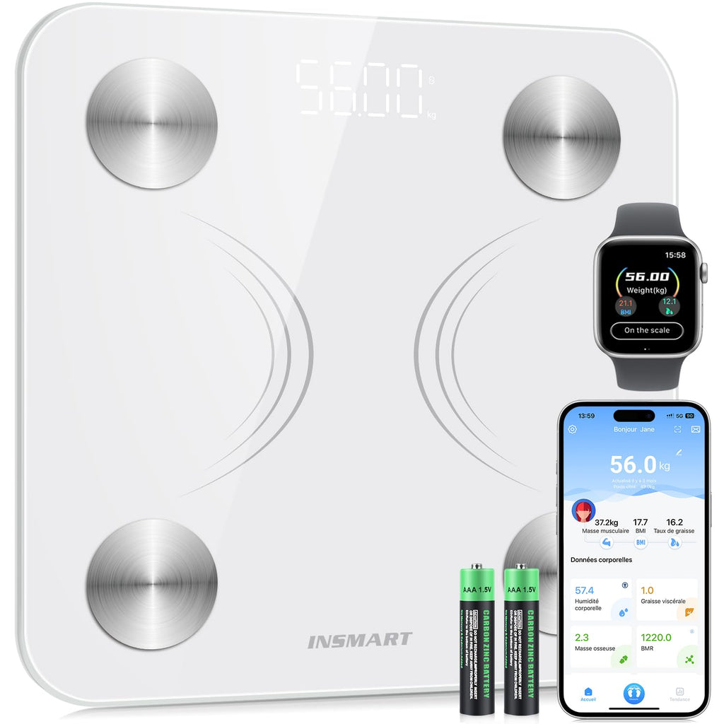 Insmart Balance Pese Personne, Balance Connectée avec apps, Pese Personnes mesure de la balance 16 données corporelles (IMC/graisse corporelle/BMR/muscle, etc.), affichage LED, très précis