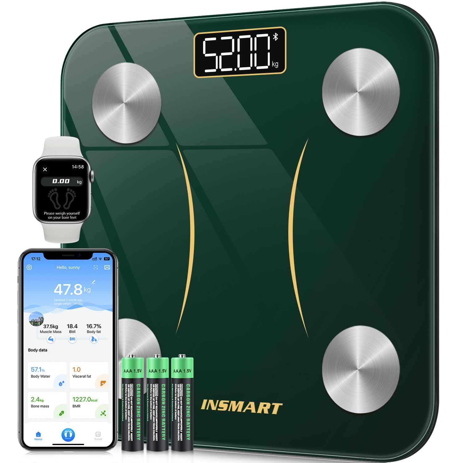 Insmart Balance Pese Personne, Balance Connectée avec apps, Pese Personnes mesure de la balance 16 données corporelles (IMC/graisse corporelle/BMR/muscle, etc.), affichage LED, très précis
