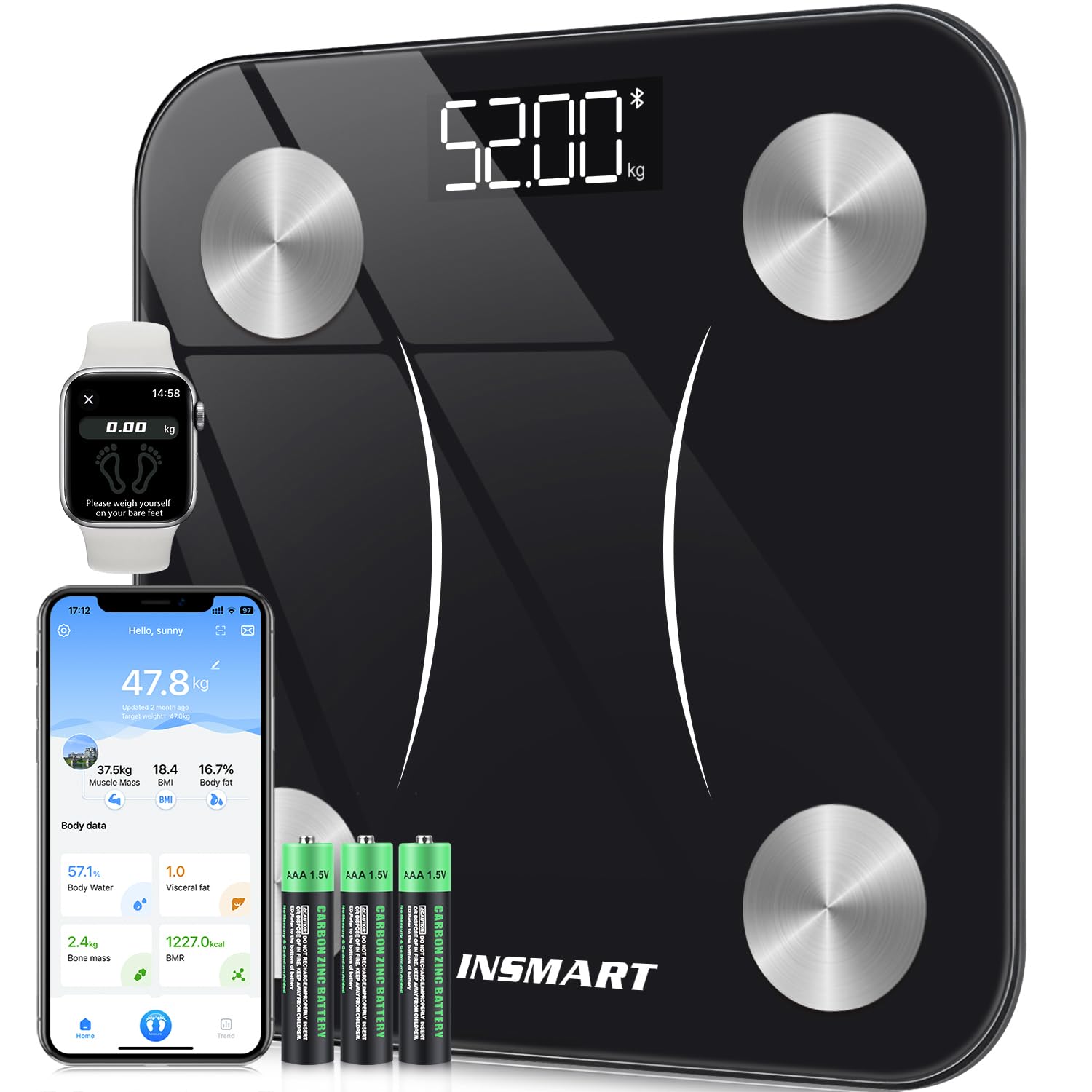 Insmart Balance Pese Personne, Balance Connectée avec apps, Pese Personnes mesure de la balance 16 données corporelles (IMC/graisse corporelle/BMR/muscle, etc.), affichage LED, très précis