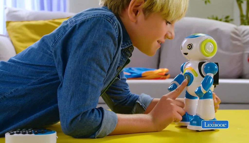 Lexibook - Powerman Jr. Robot Intelligent Qui lit dans Les pensées - Jouet pour garçons et Filles - Powerman Junior Danse Joue de la Musique Quiz Animaux karaoké programmable STEM Vert/Bleu - ROB20FR
