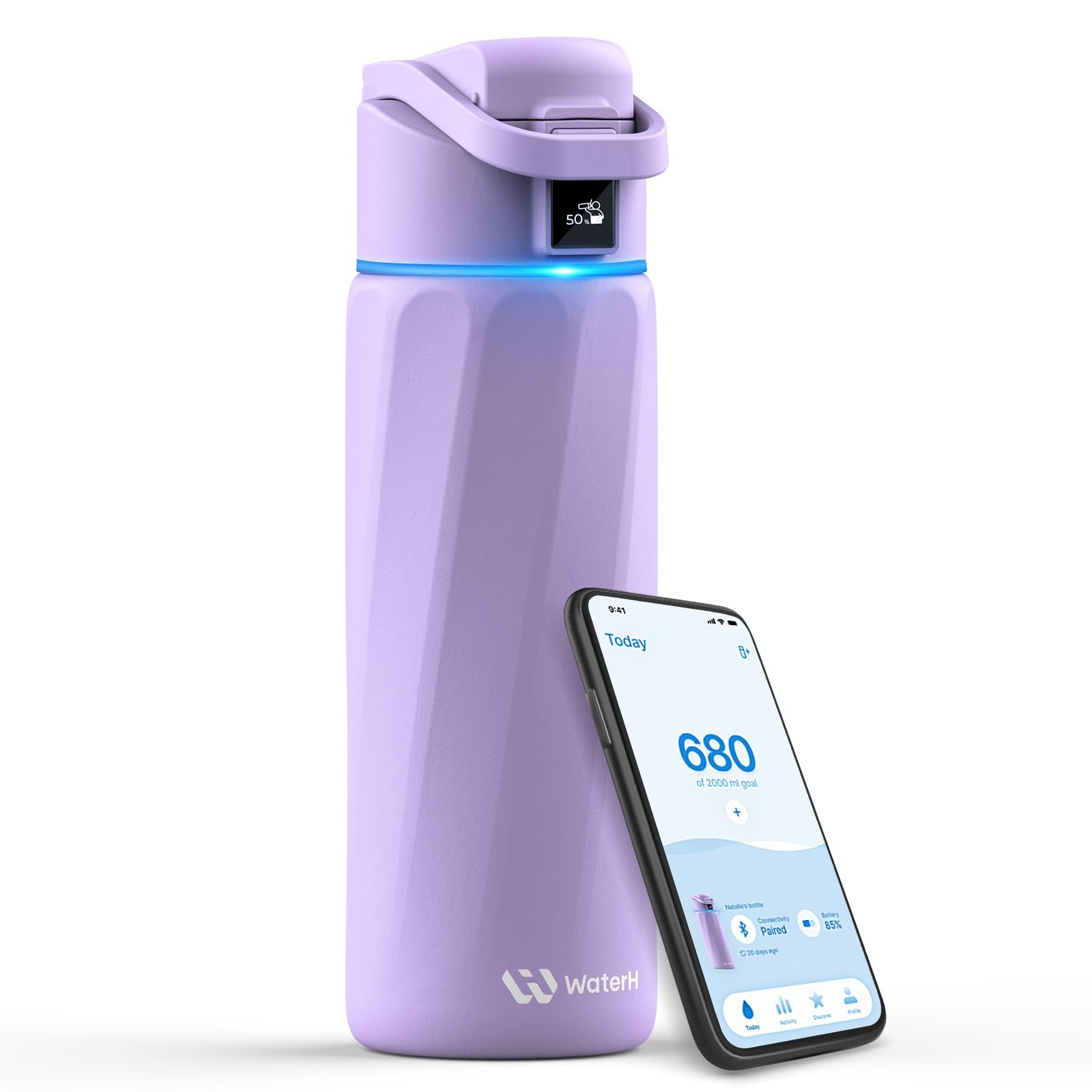 WATERH Boost Bouteille d'eau intelligente avec rappel de boire de l'eau, 710 ml, en acier inoxydable sans BPA, bouteille isotherme sous vide, bouteille d'eau à large goulot avec application, cadeau