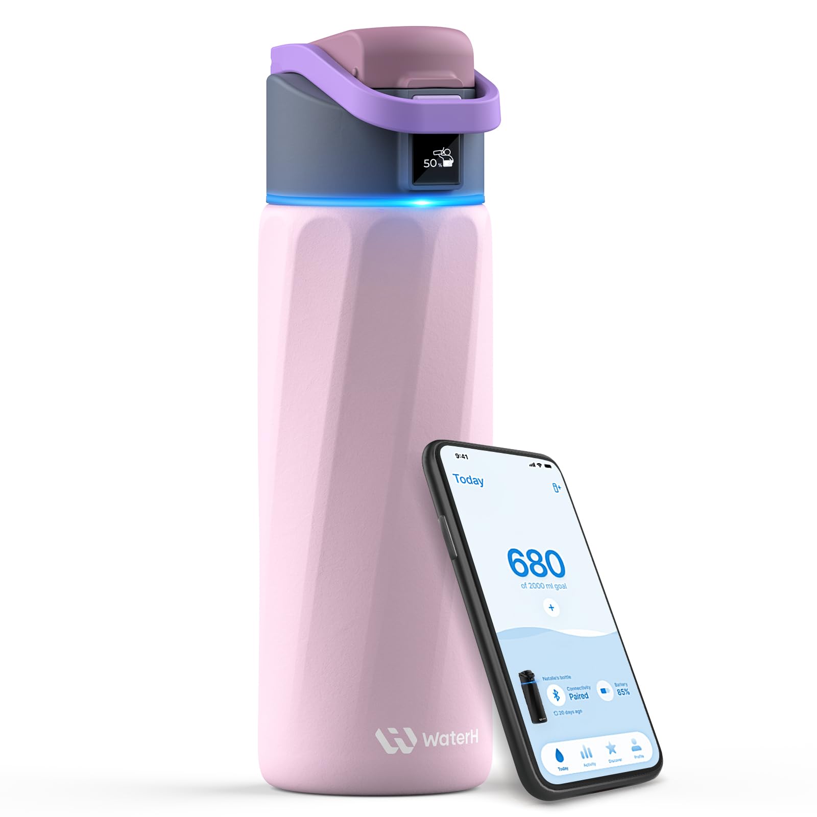 WATERH Boost Bouteille d'eau intelligente avec rappel de boire de l'eau, 710 ml, en acier inoxydable sans BPA, bouteille isotherme sous vide, bouteille d'eau à large goulot avec application, cadeau