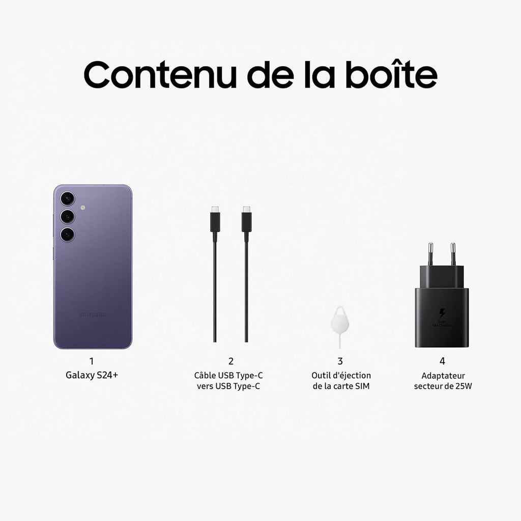 Samsung Galaxy S24 +, Smartphone Android 5G, 256 Go, Chargeur Secteur Rapide 25W Inclus [Exclusivité Amazon], Smartphone déverrouillé, Indigo, Version FR
