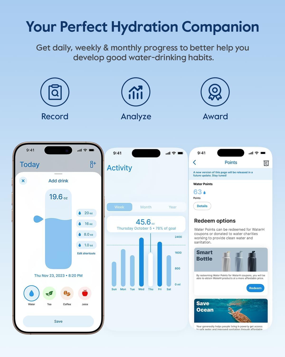 WATERH Boost Bouteille d'eau intelligente avec rappel de boire de l'eau, 710 ml, en acier inoxydable sans BPA, bouteille isotherme sous vide, bouteille d'eau à large goulot avec application, cadeau