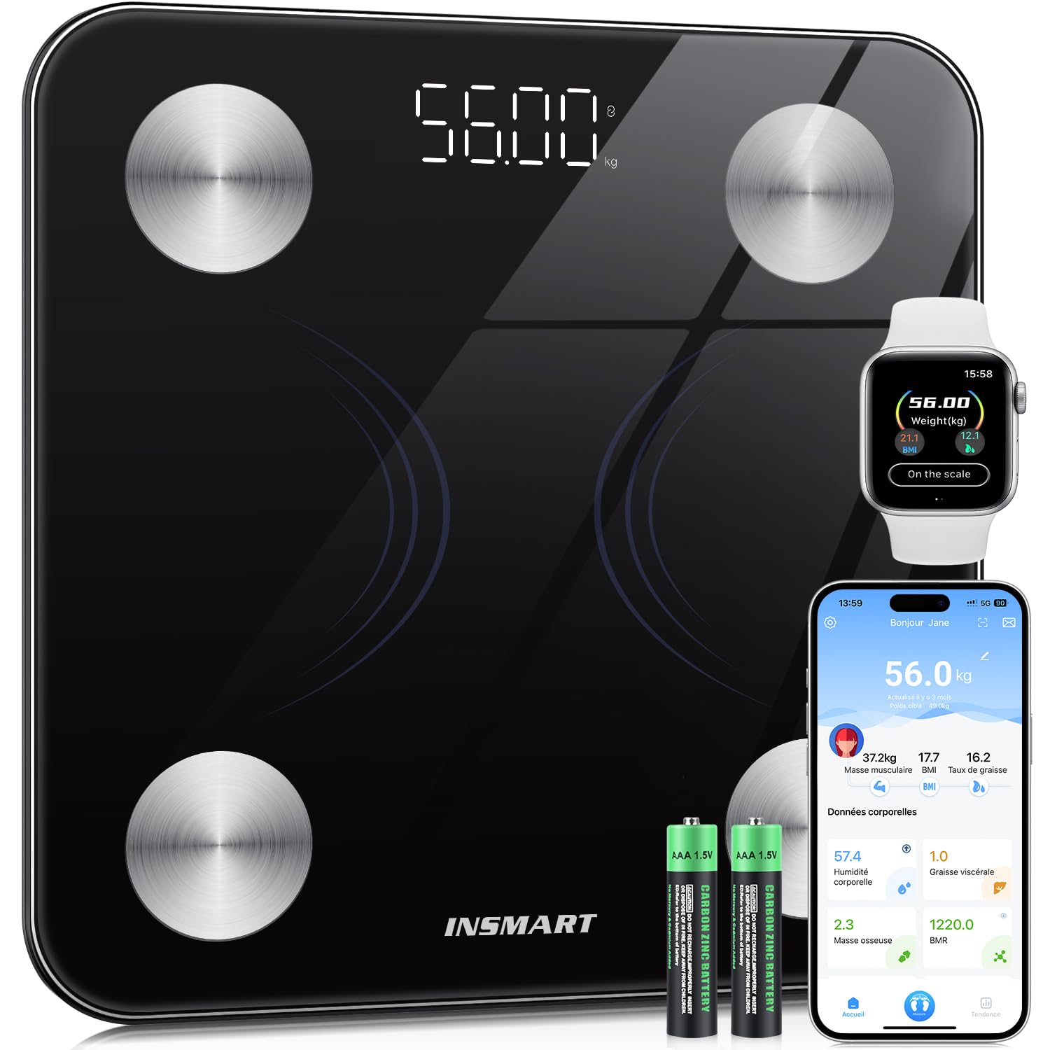 Insmart Balance Pese Personne, Balance Connectée avec apps, Pese Personnes mesure de la balance 16 données corporelles (IMC/graisse corporelle/BMR/muscle, etc.), affichage LED, très précis