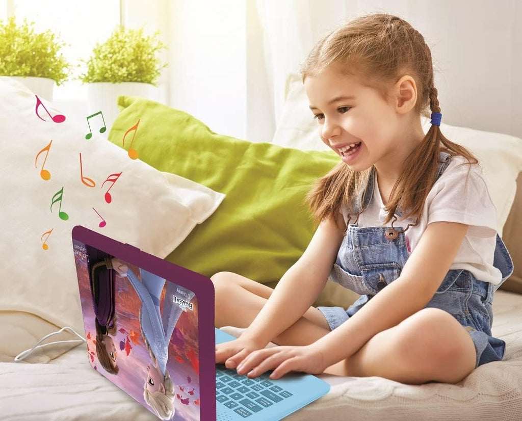 Lexibook, La Reine des Neiges, Ordinateur Éducatif Bilingue FRANÇAIS/Anglais, Jouet Filles avec 124 Activités pour Apprendre, S'amuser et Jouer du Piano, Bleu/Violet, JC598FZi1