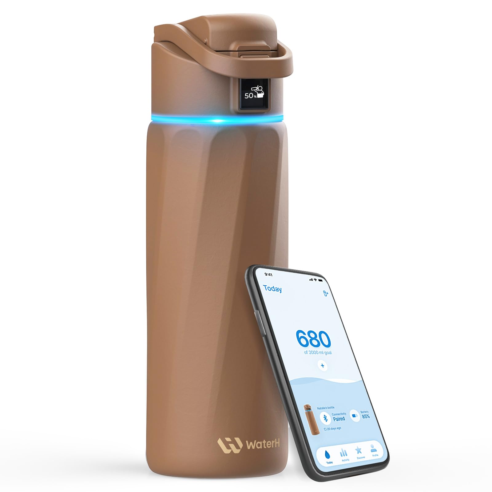 WATERH Boost Bouteille d'eau intelligente avec rappel de boire de l'eau, 710 ml, en acier inoxydable sans BPA, bouteille isotherme sous vide, bouteille d'eau à large goulot avec application, cadeau