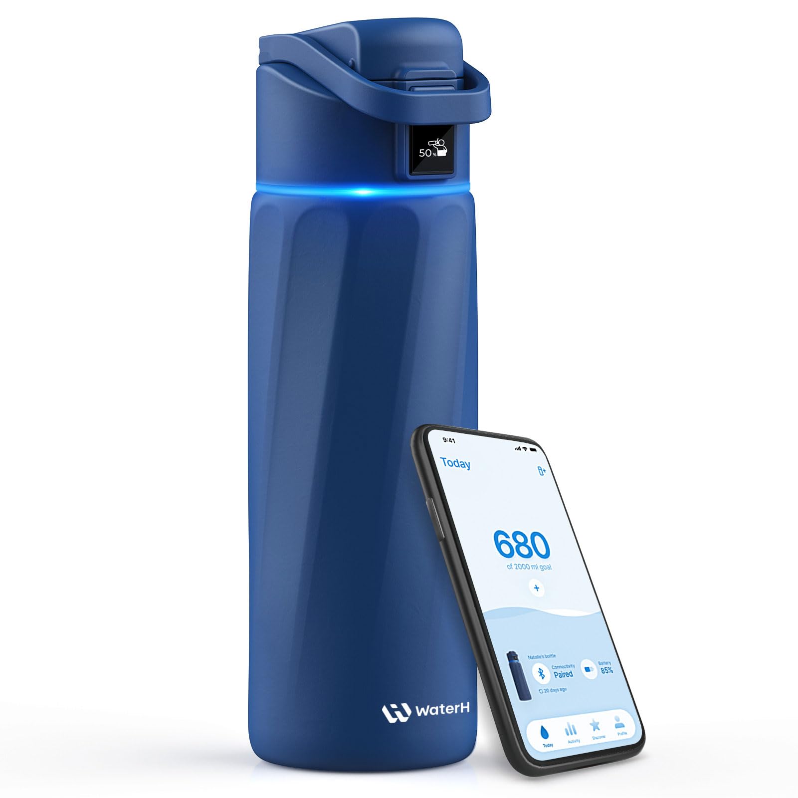 WATERH Boost Bouteille d'eau intelligente avec rappel de boire de l'eau, 710 ml, en acier inoxydable sans BPA, bouteille isotherme sous vide, bouteille d'eau à large goulot avec application, cadeau