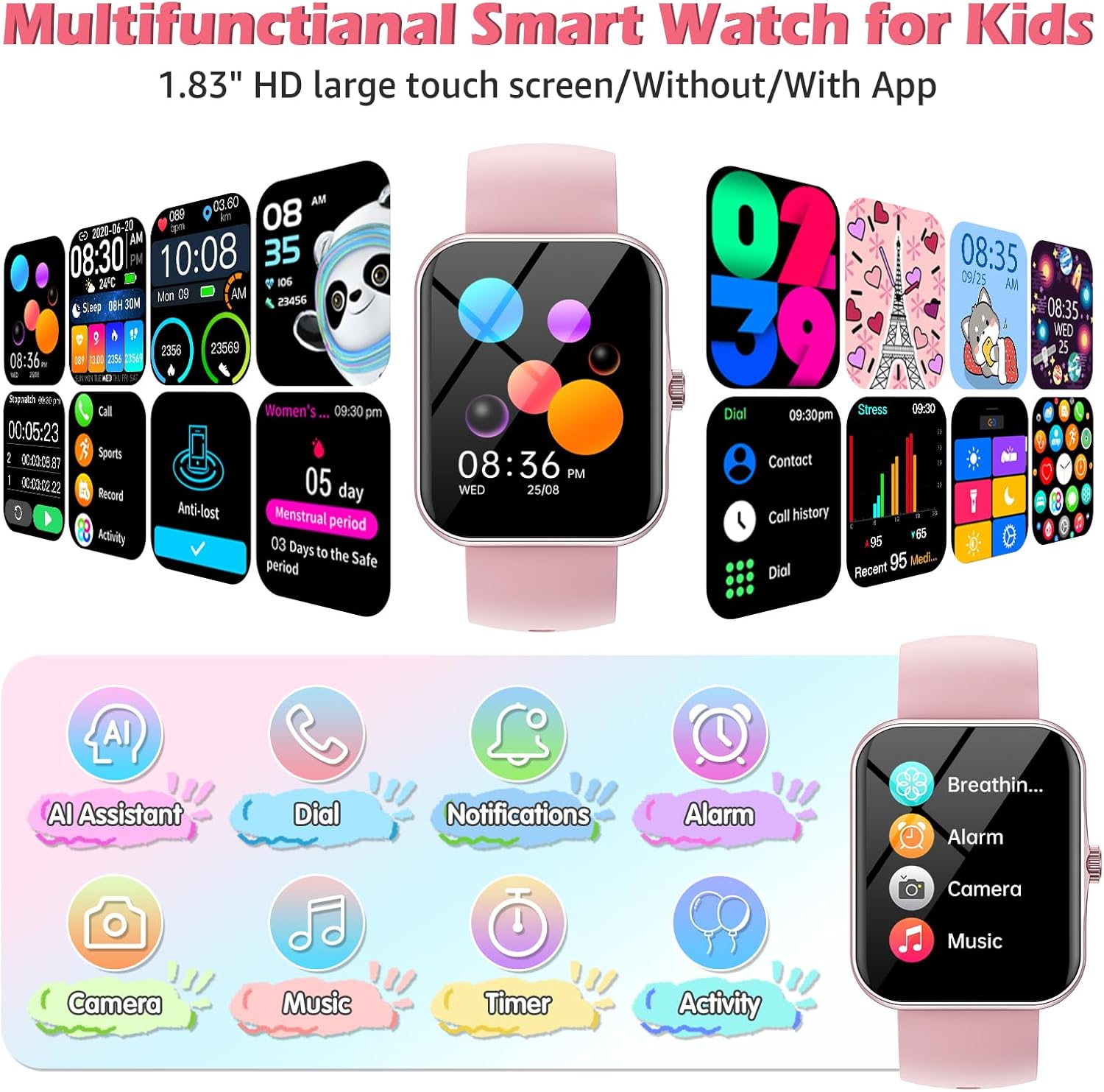 Fitness Tracker Montre Connectée Enfant, Smartwatch pour Garçon Fille 100+ Modes Sport Réveil Pedometer Moniteur Sommei, Jeux, 1,83" HD Smart Watch Intelligente pour Ados 5-16 Ans Cadeau, Rose