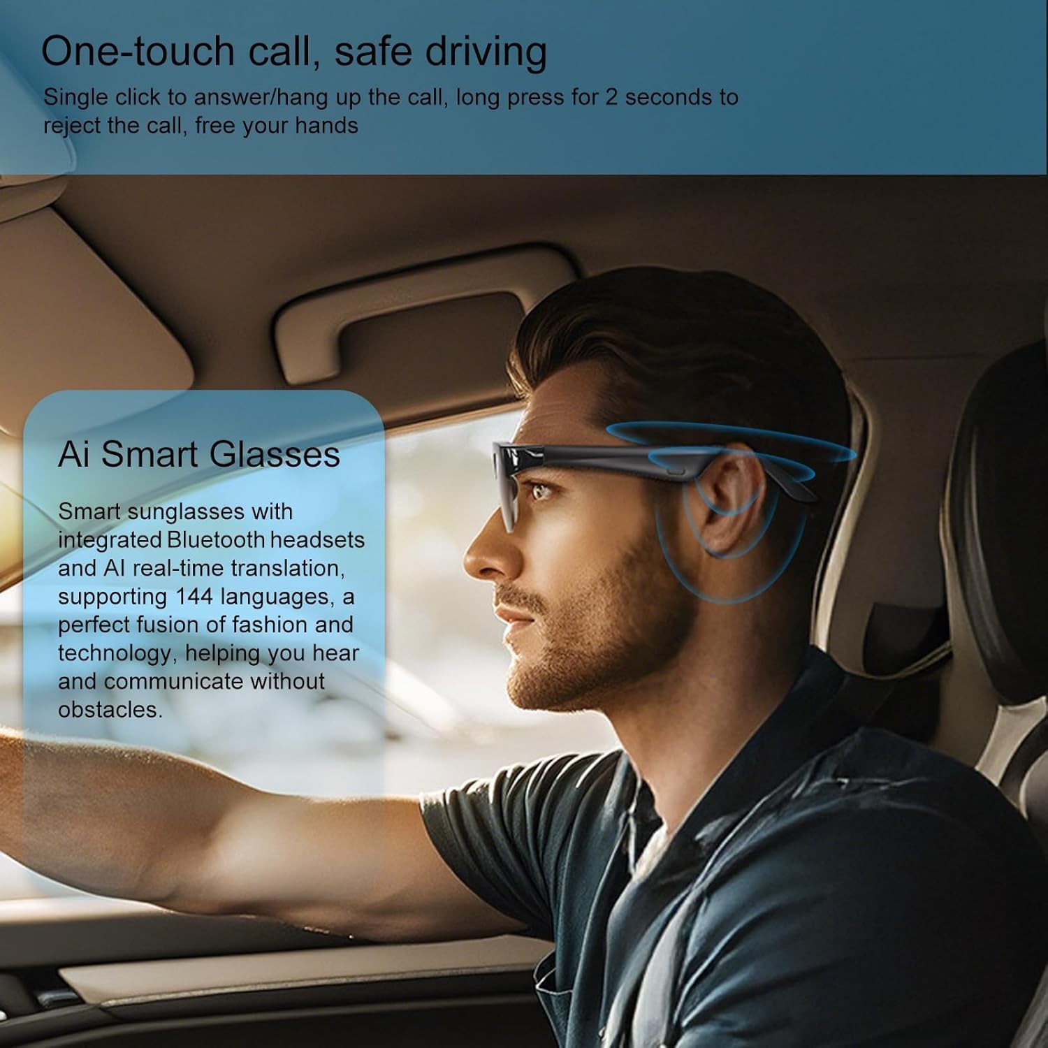 Lunettes de soleil intelligentes Bluetooth Touch Control Music Calling pour homme et femme Verres filtrés UV, étui de rangement