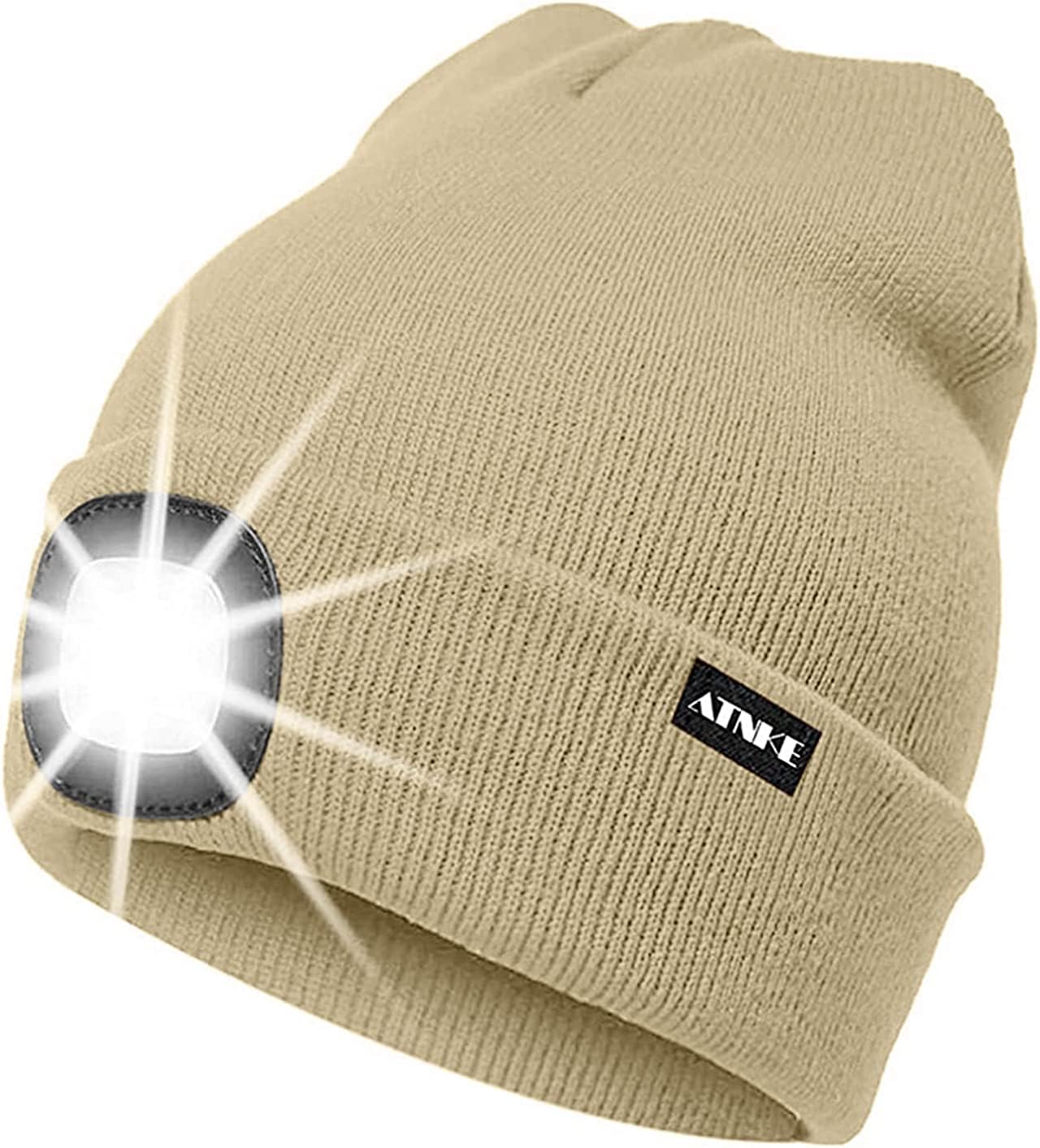 ATNKE LED Lumineux Bonnet Chapeau, USB Rechargeable 4 LED Chapeau de Course Lampe Frontale Étanche Lumière Hiver Cadeaux pour Hommes et Femmes