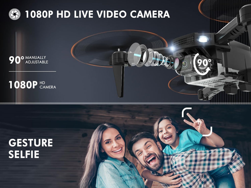 Drone pour Enfant avec Caméra 1080P HD, Drone Quadricoptère FPV Télécommandé, Mode sans Tête, Maintien d'Altitude, 360°Flips, Cadeau et Jouet pour Enfant ou Débutant -2 Batteries