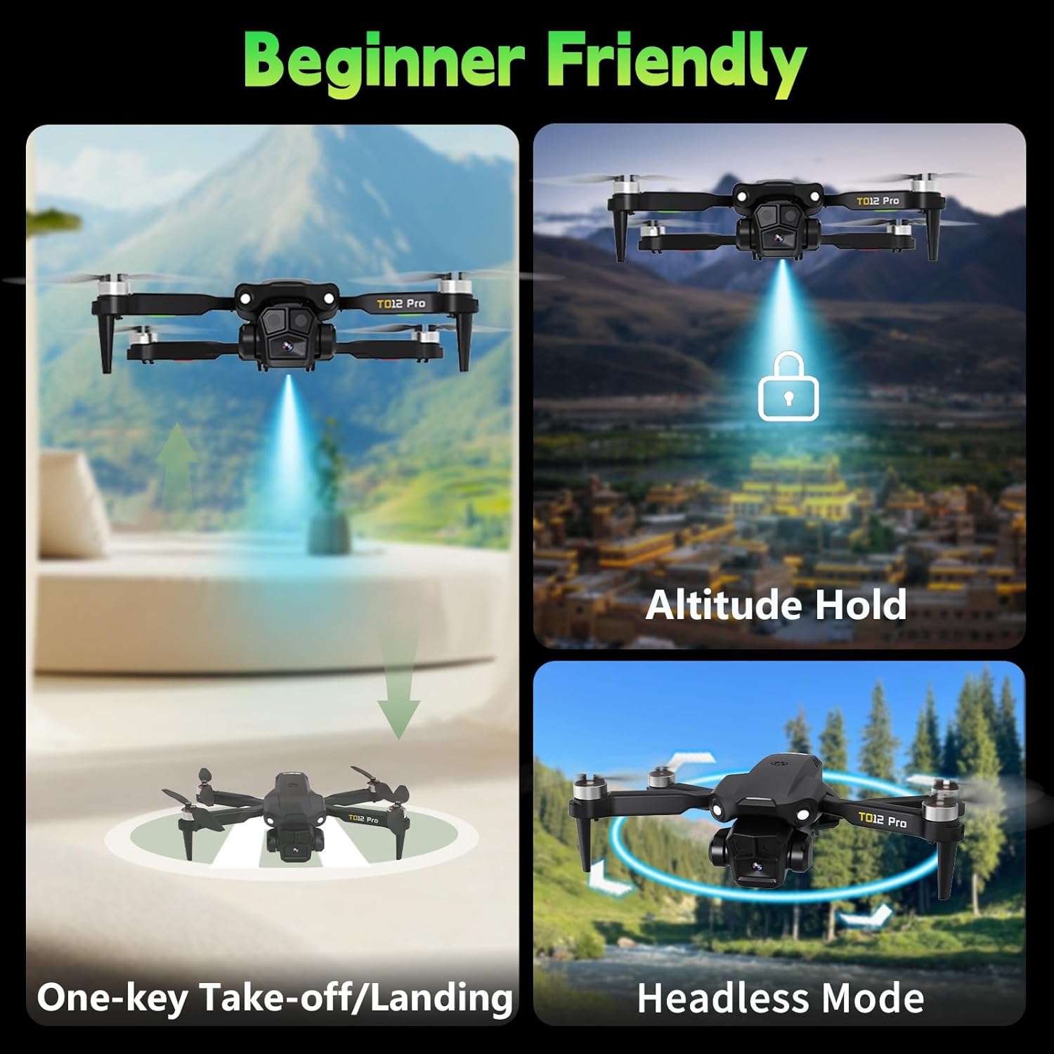 Mini Drone avec Caméra 4K, TD12PRO Drones à Moteur sans Balais pour Débutants, Résistance au Vent de Niveau 3, Réglage de la Vitesse, Contrôle via Application, Quadricoptère RC