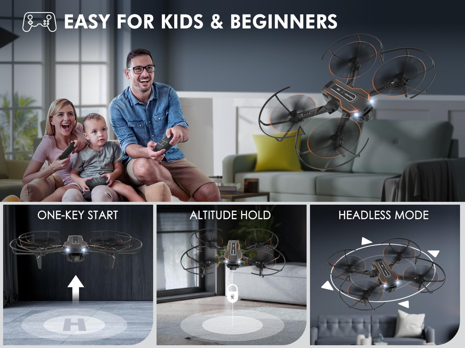 Drone pour Enfant avec Caméra 1080P HD, Drone Quadricoptère FPV Télécommandé, Mode sans Tête, Maintien d'Altitude, 360°Flips, Cadeau et Jouet pour Enfant ou Débutant -2 Batteries