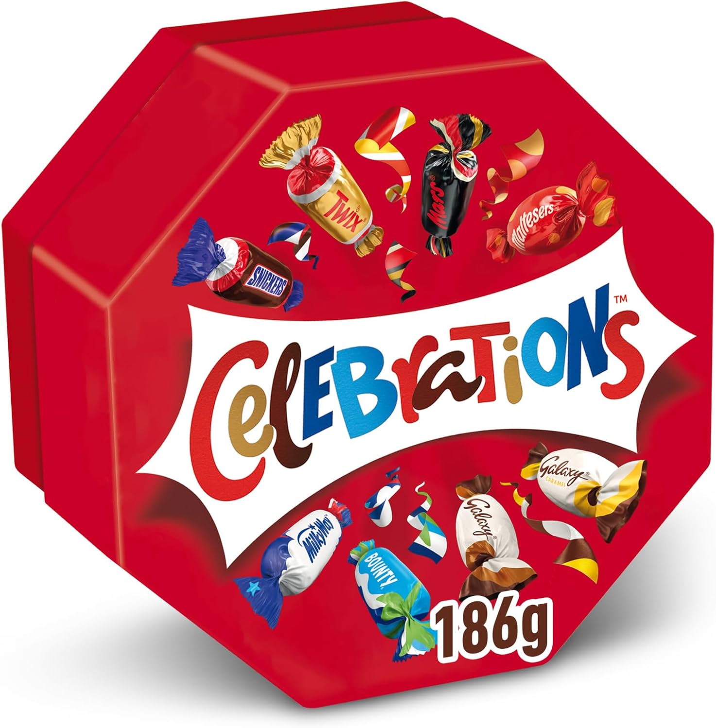 CELEBRATIONS - Coffret Chocolats Octogonale 186g - Assortiment de Mini Chocolats au Lait Individuels - Boîte Cadeau - Cadeau Idéal pour Noël - SNICKERS, TWIX, MARS, MALTESERS, BOUNTY et autres