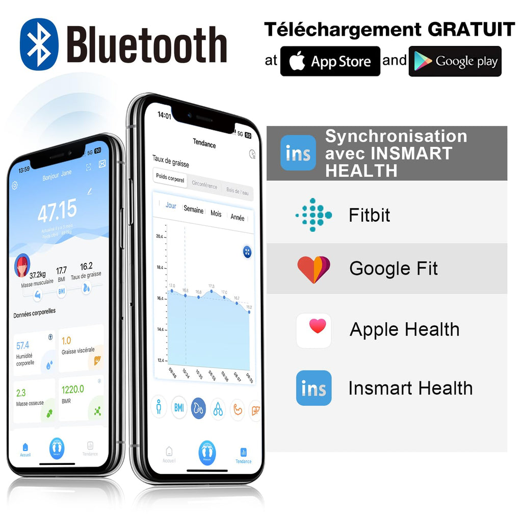 Insmart Balance Pese Personne, Balance Connectée avec apps, Pese Personnes mesure de la balance 16 données corporelles (IMC/graisse corporelle/BMR/muscle, etc.), affichage LED, très précis