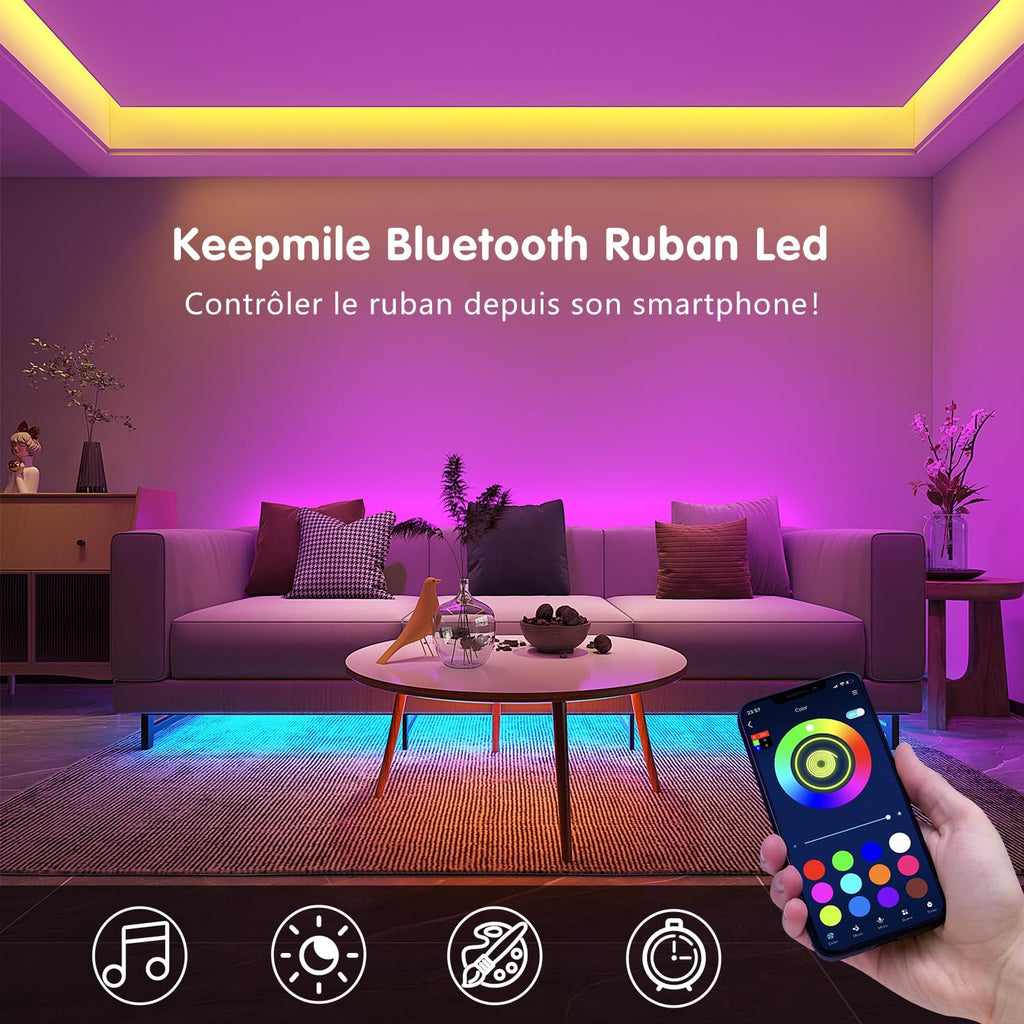Keepsmile Ruban Led 30m (15mx2), Led Chambre Bluetooth, Bande Led Contrôlé par Télécommande APP, Guirlande Lumineuse Décoration Chambre Led Bureau