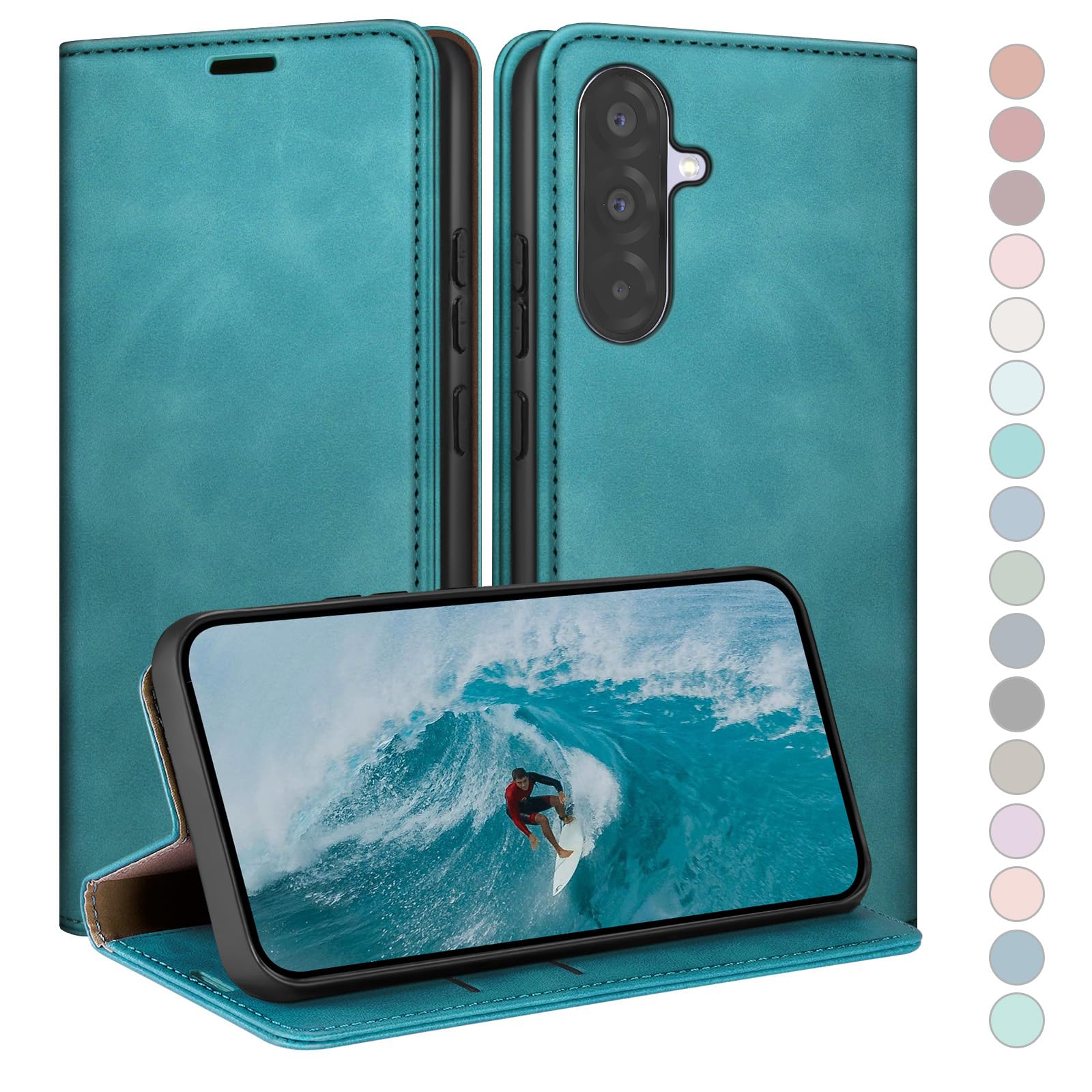 Coque pour Samsung Galaxy A56 avec RFID Blocage Etui à Rabat en Cuir de Premium,Fentes pour Cartes,Coques de Case,Cover à Rabat pour Samsung A56 Portefeuille Bleu Vert
