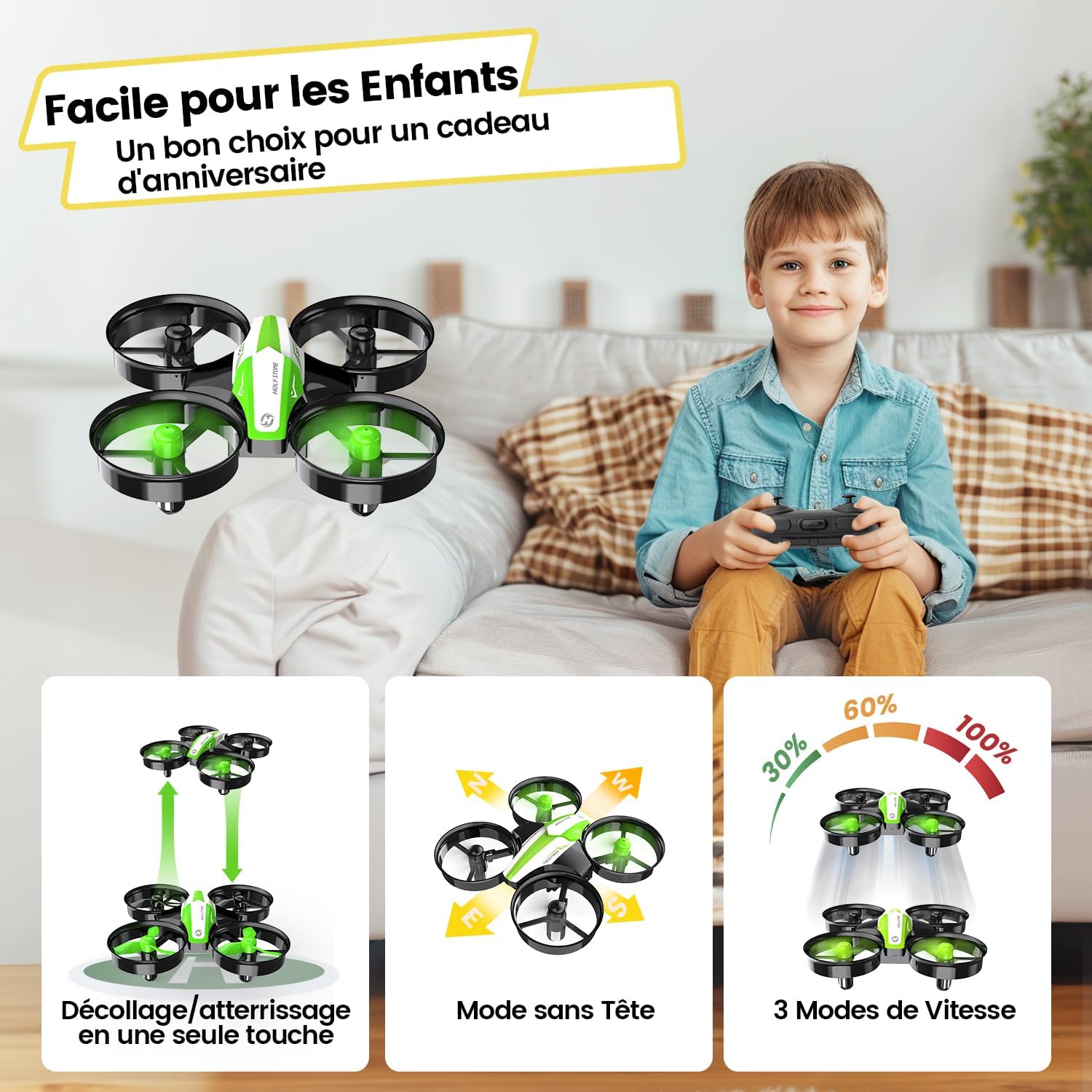 Holy Stone HS210 Mini Drone pour Enfants adultes, Jouet d'intérieur RC Quadcopter Plane pour Garçons Filles avec Auto Hover, 3D Flip, 3 piles et Mode sans tête, Jouet pour les tout-petits, Vert