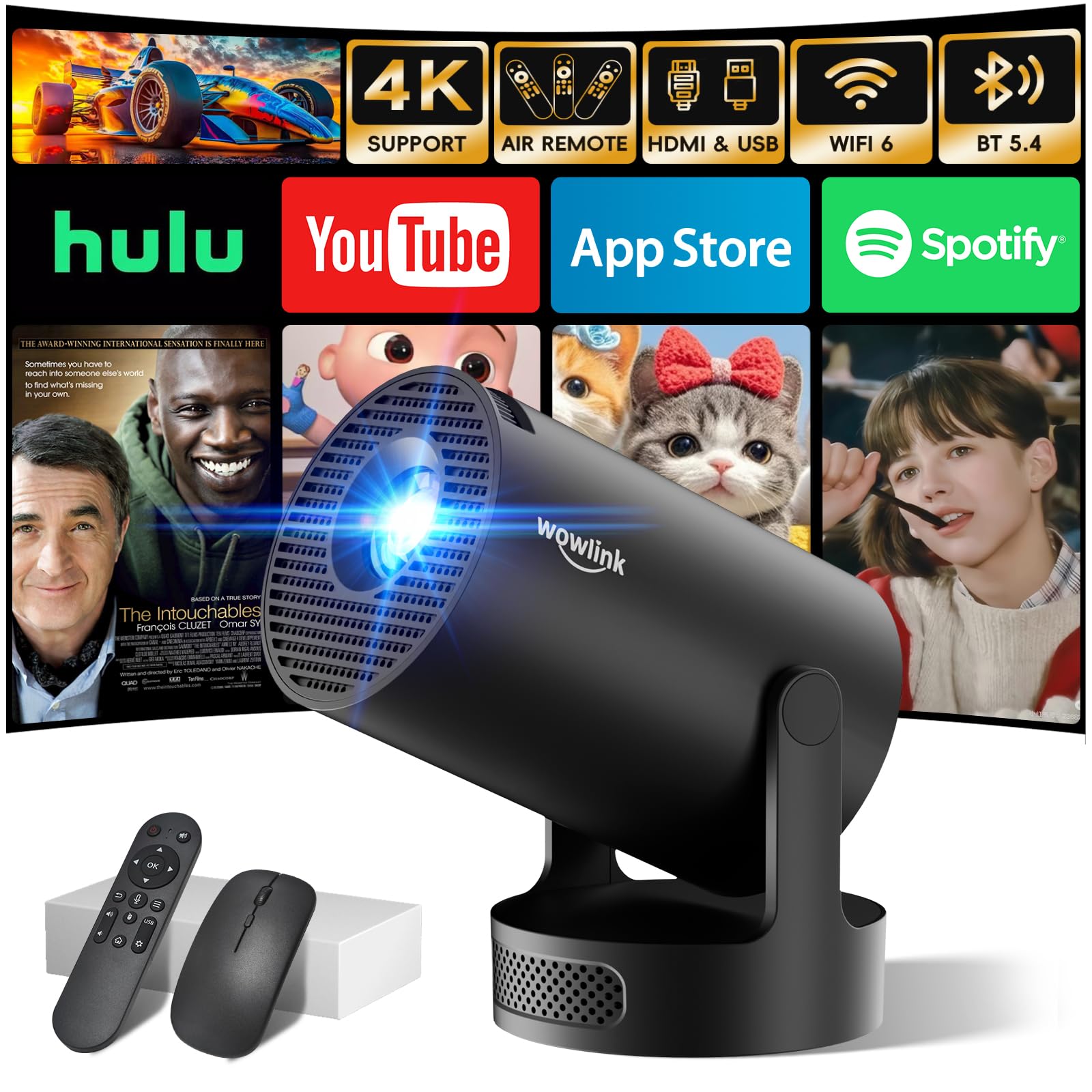 [Apps intégrées & 2025 Upgraded] Vidéoprojecteur avec WiFi 6 et Bluetooth 5.4 Mini Projecteur Supporte 4K 1080P Auto Keystone Rotation 180° Compatibile avec HDMI/TV Stick/Memory Stick/Laptop, Blanc