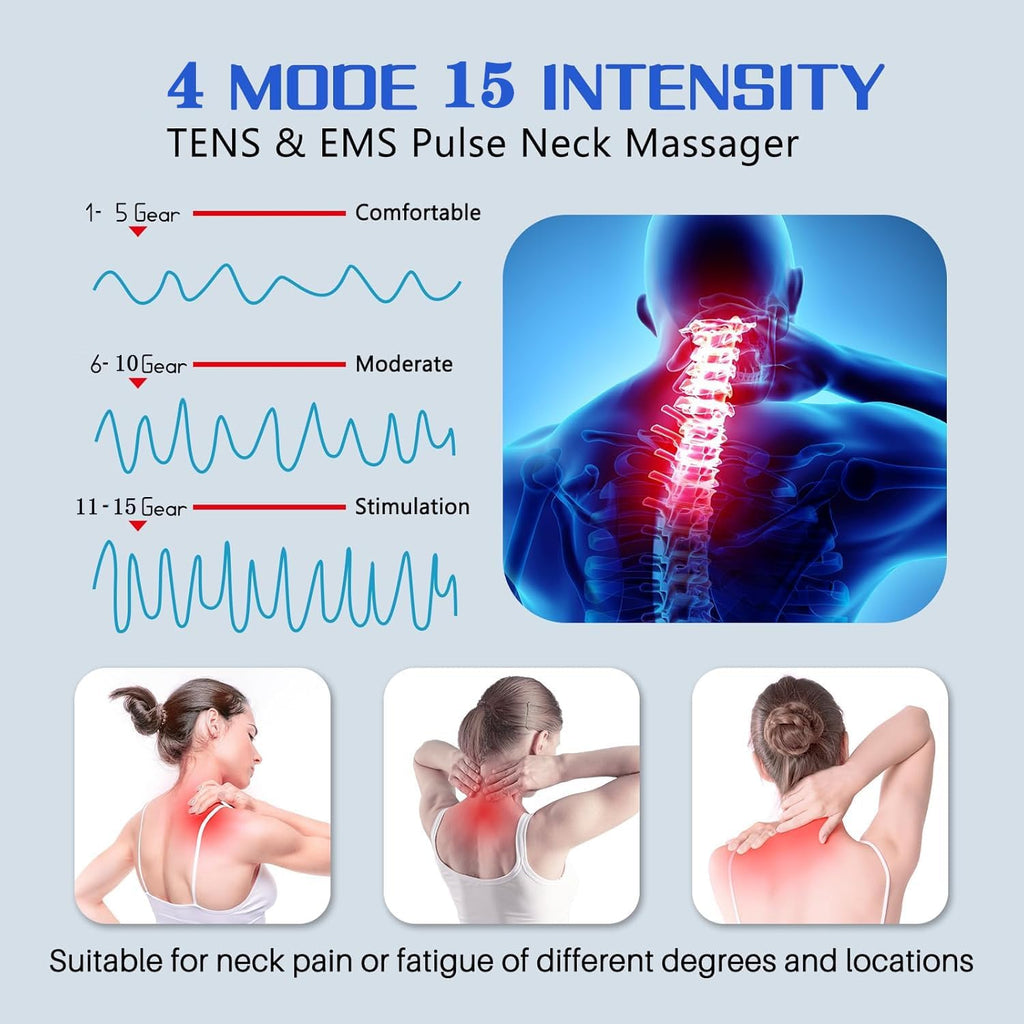 Masseur Cervical, 3 Niveau Chauffage à Température Constante Massage Cou Portable 4 Modes De Massage Par Impulsions 15 Niveaux D'Intensité Pour La Nuque Et Les épaules