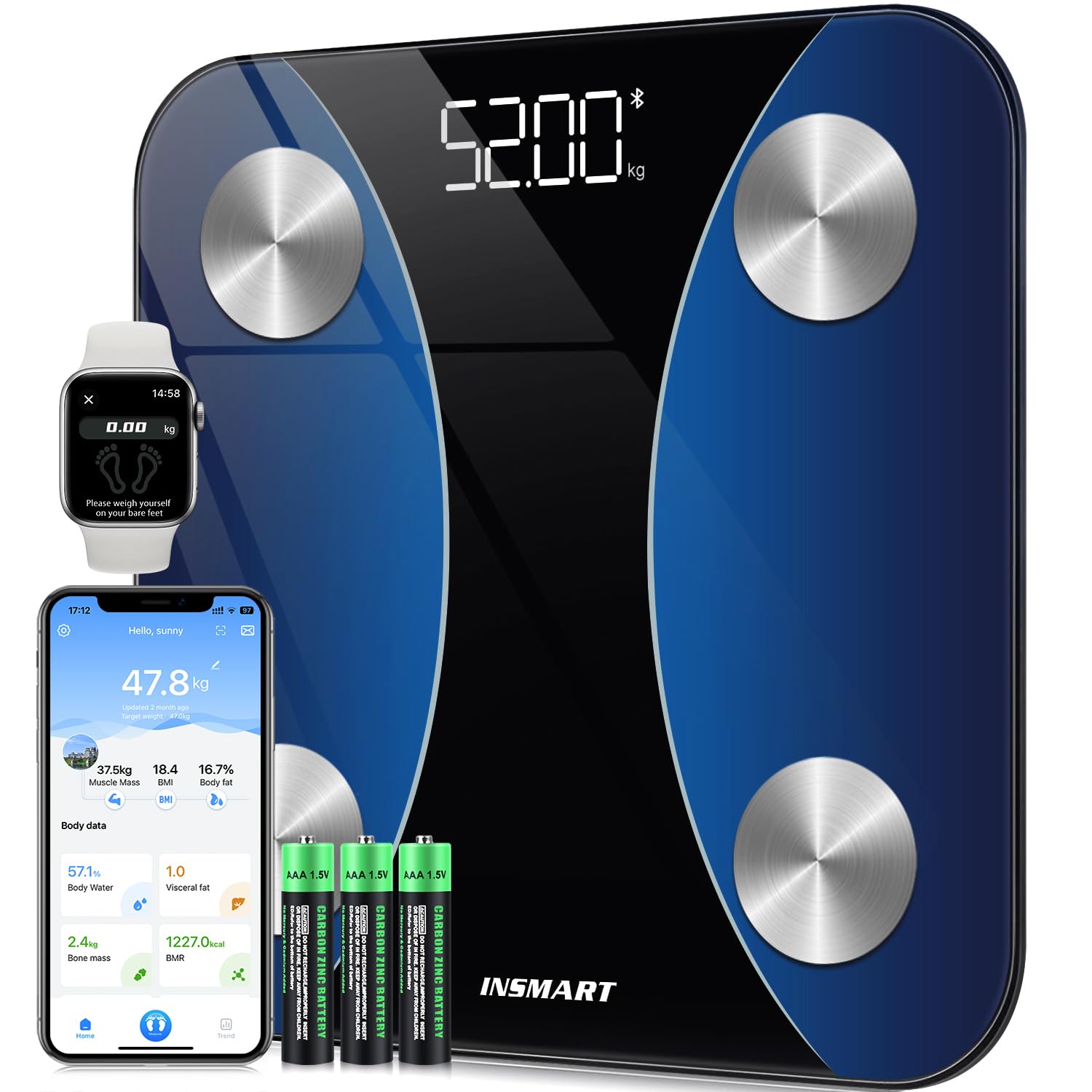 Insmart Balance Pese Personne, Balance Connectée avec apps, Pese Personnes mesure de la balance 16 données corporelles (IMC/graisse corporelle/BMR/muscle, etc.), affichage LED, très précis
