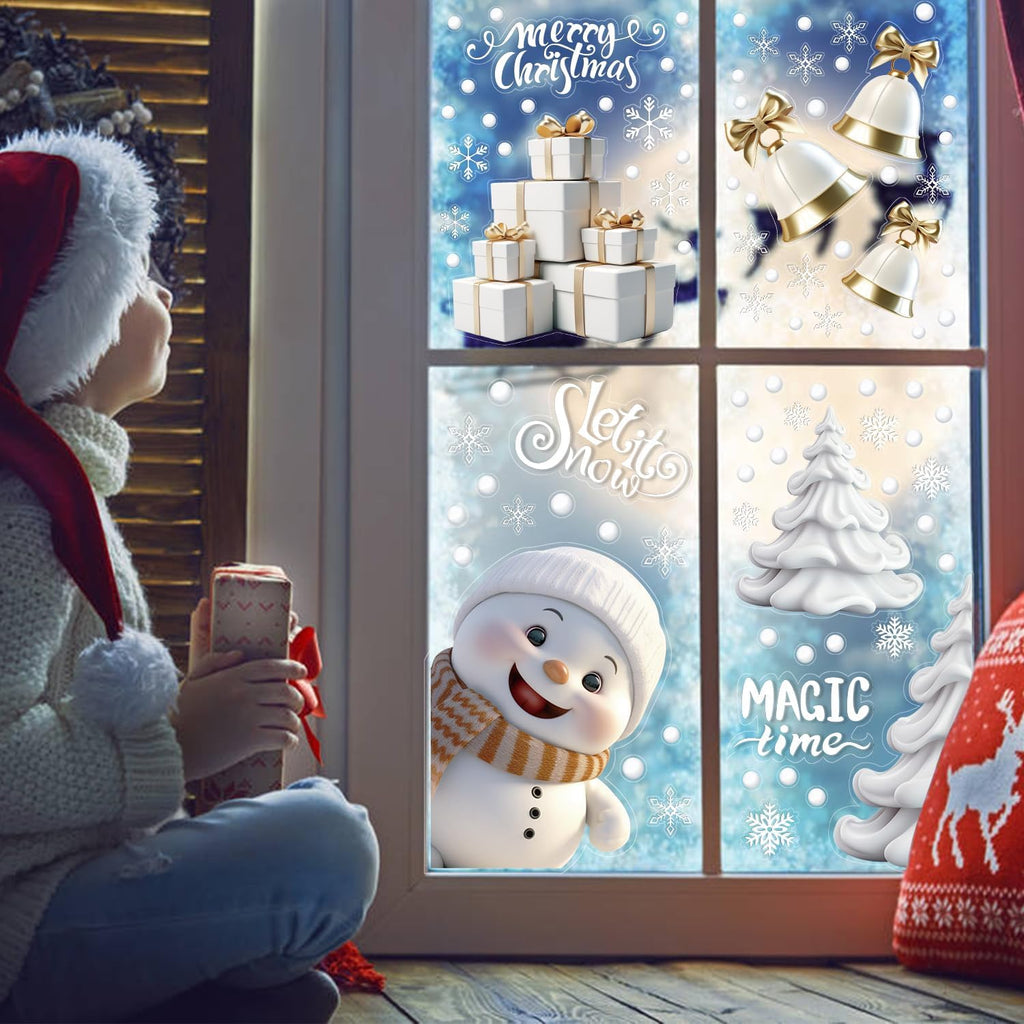 DERAYEE 8 Feuilles Sticker à Effet Stéréoscopique Blanc,141pcs Noel Autocollant Fenêtre Réutilisable,Stickers Noël Fenetre PVC,Flocons de Neige Père Noël,Renne,Cloches