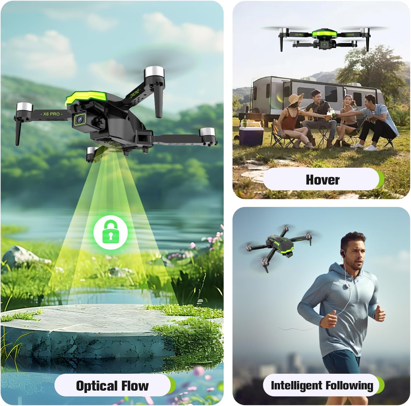 Drone avec Caméra 1080P pour Enfants et Adultes RC Quadricoptère avec Moteur Sans Balais 30mins Longue Durée Vol, Jouets Cadeaux pour Garçons Anniversaire (Green)