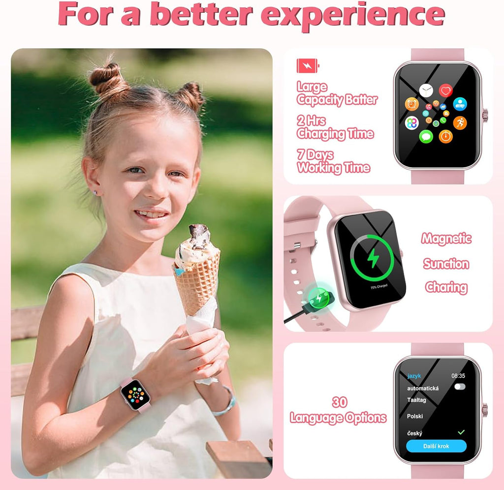 Fitness Tracker Montre Connectée Enfant, Smartwatch pour Garçon Fille 100+ Modes Sport Réveil Pedometer Moniteur Sommei, Jeux, 1,83" HD Smart Watch Intelligente pour Ados 5-16 Ans Cadeau, Rose