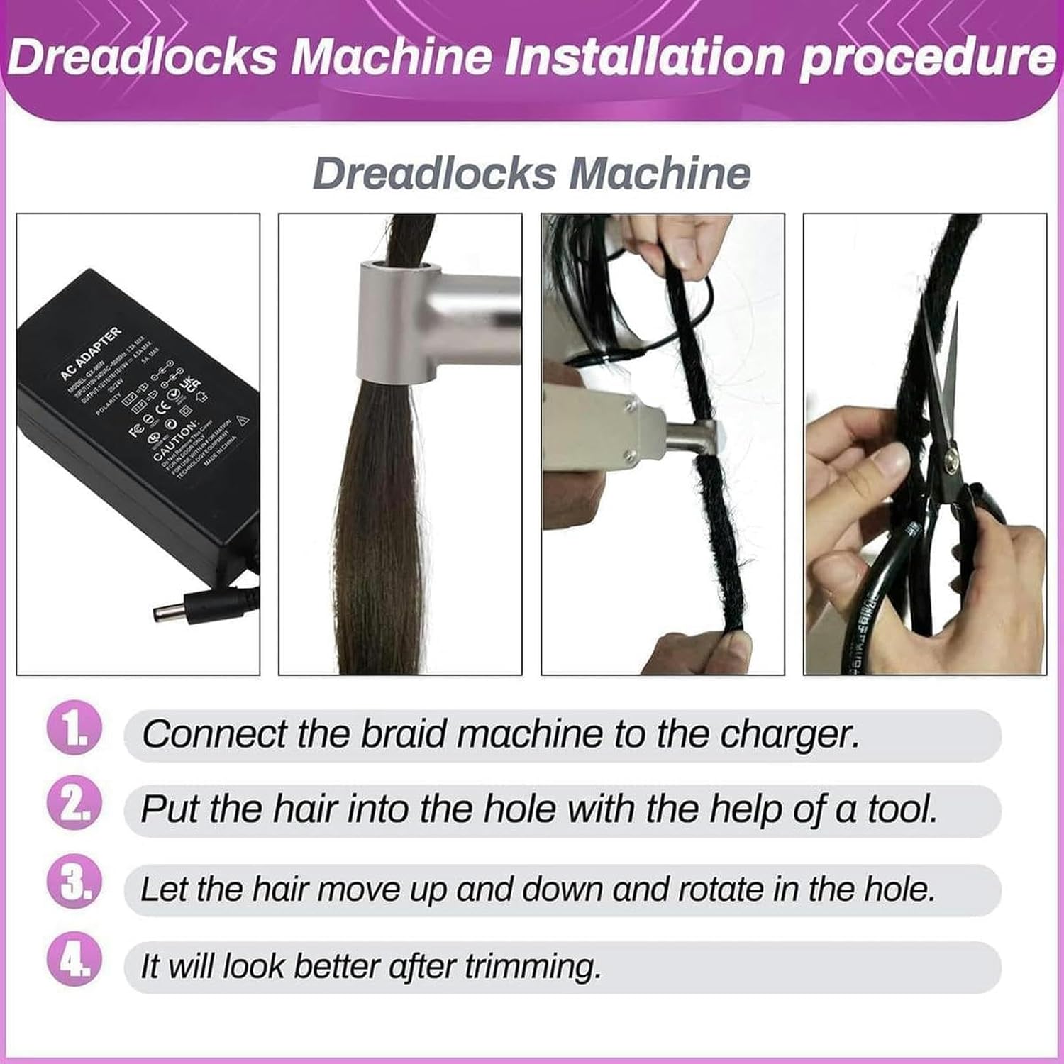 Machine de fabrication de dreadlocks, outils électriques portables pour dreadlocks, adaptés aux cheveux humains longs et aux cheveux synthétiques, au lieu d'une fabrication manuelle plus rapide.