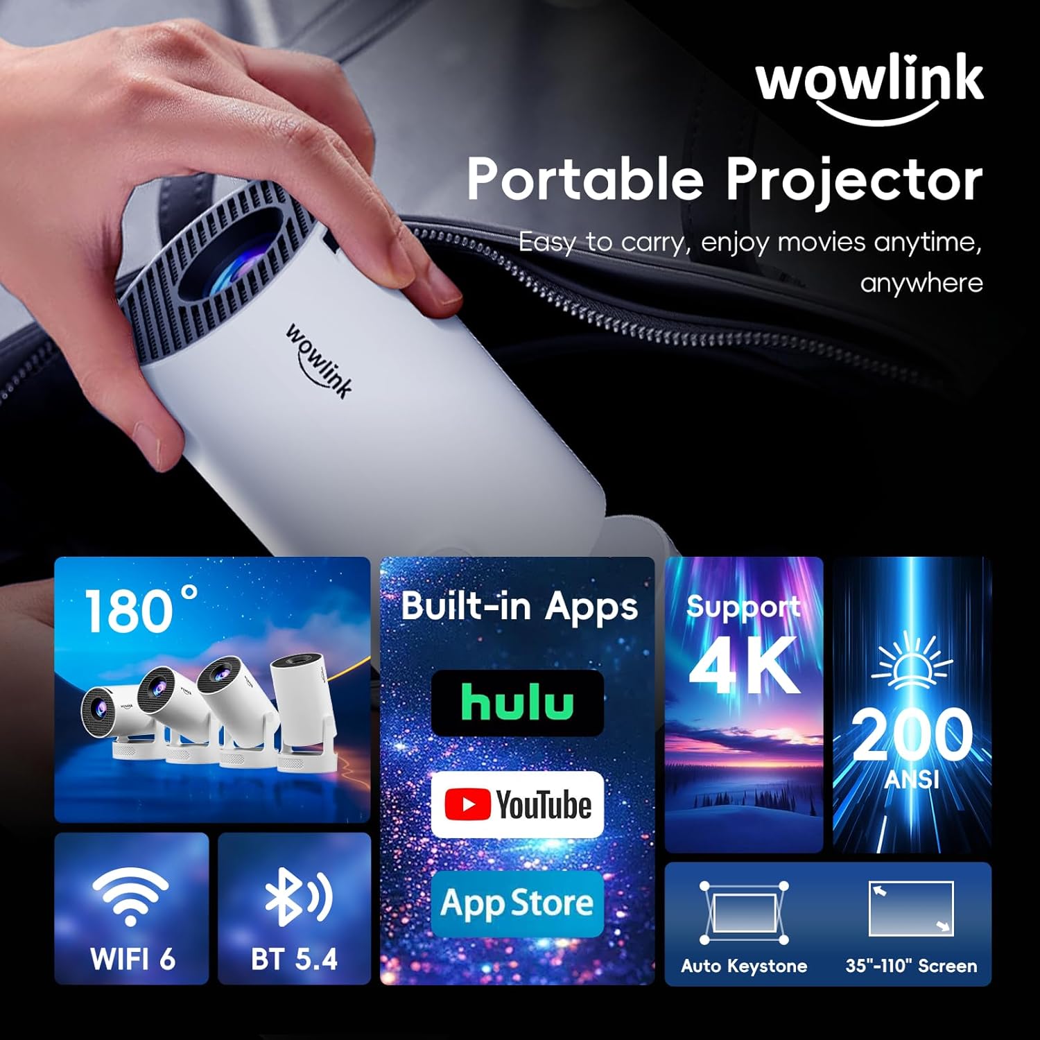 [Apps intégrées & 2025 Upgraded] Vidéoprojecteur avec WiFi 6 et Bluetooth 5.4 Mini Projecteur Supporte 4K 1080P Auto Keystone Rotation 180° Compatibile avec HDMI/TV Stick/Memory Stick/Laptop, Blanc