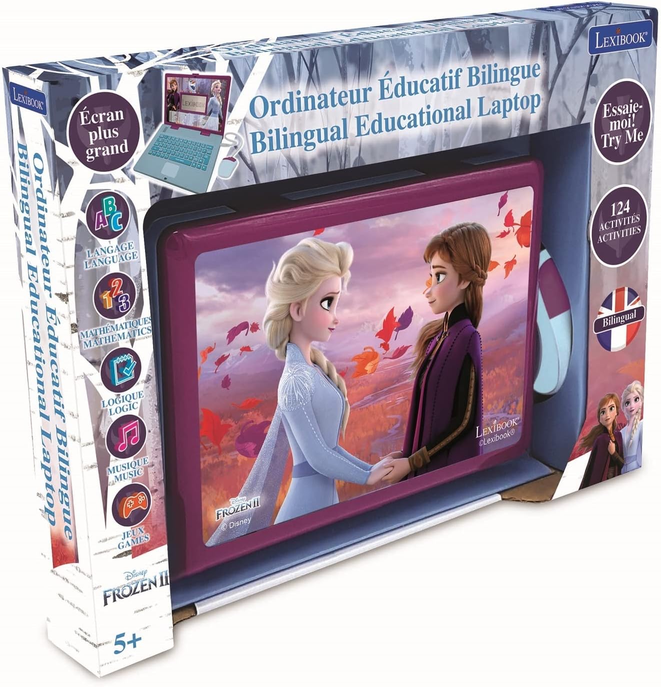 Lexibook, La Reine des Neiges, Ordinateur Éducatif Bilingue FRANÇAIS/Anglais, Jouet Filles avec 124 Activités pour Apprendre, S'amuser et Jouer du Piano, Bleu/Violet, JC598FZi1
