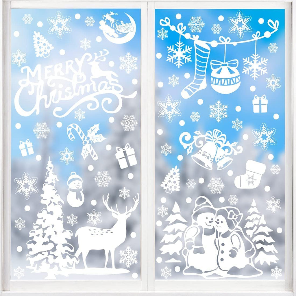 DERAYEE 8 Feuilles Sticker à Effet Stéréoscopique Blanc,141pcs Noel Autocollant Fenêtre Réutilisable,Stickers Noël Fenetre PVC,Flocons de Neige Père Noël,Renne,Cloches