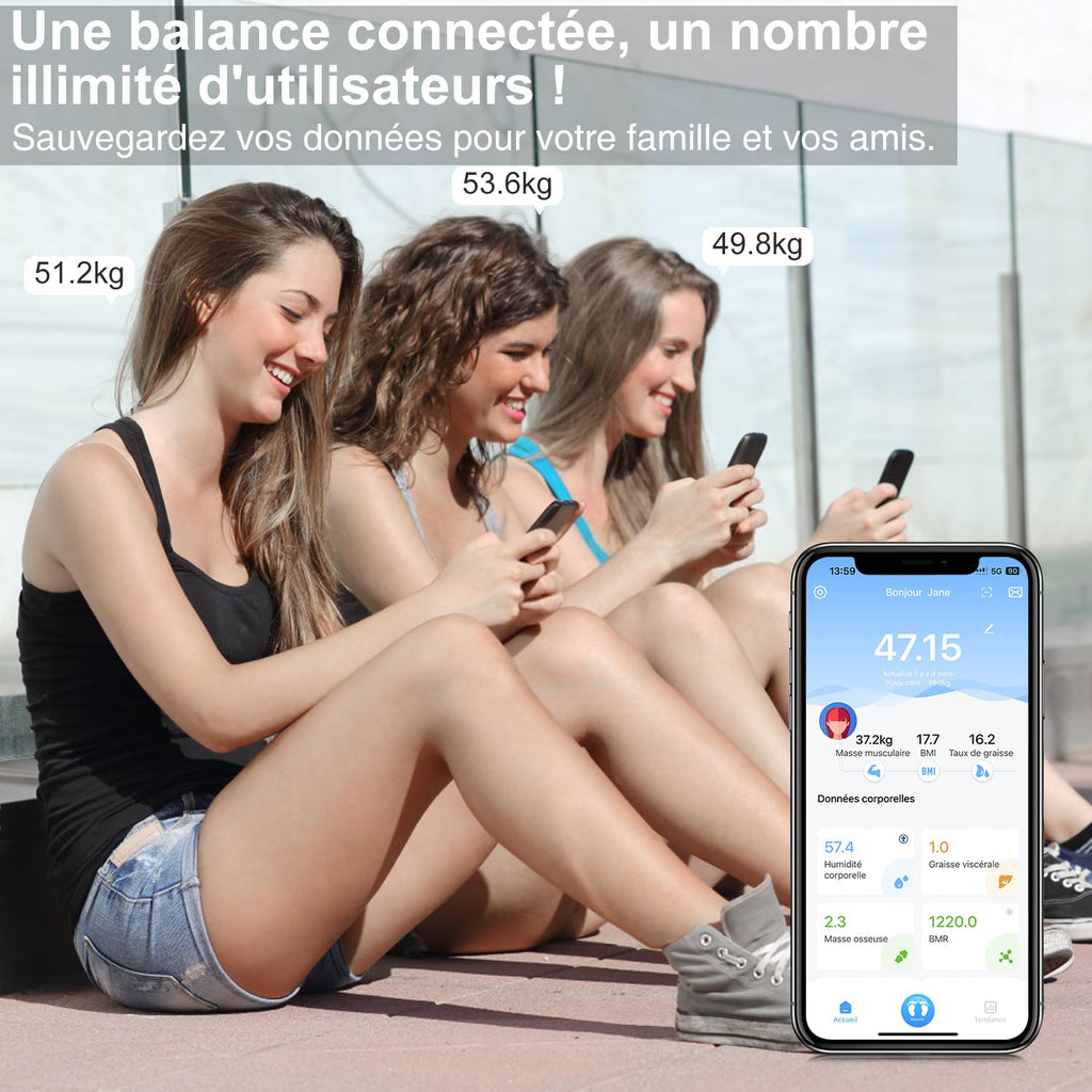 Insmart Balance Pese Personne, Balance Connectée avec apps, Pese Personnes mesure de la balance 16 données corporelles (IMC/graisse corporelle/BMR/muscle, etc.), affichage LED, très précis
