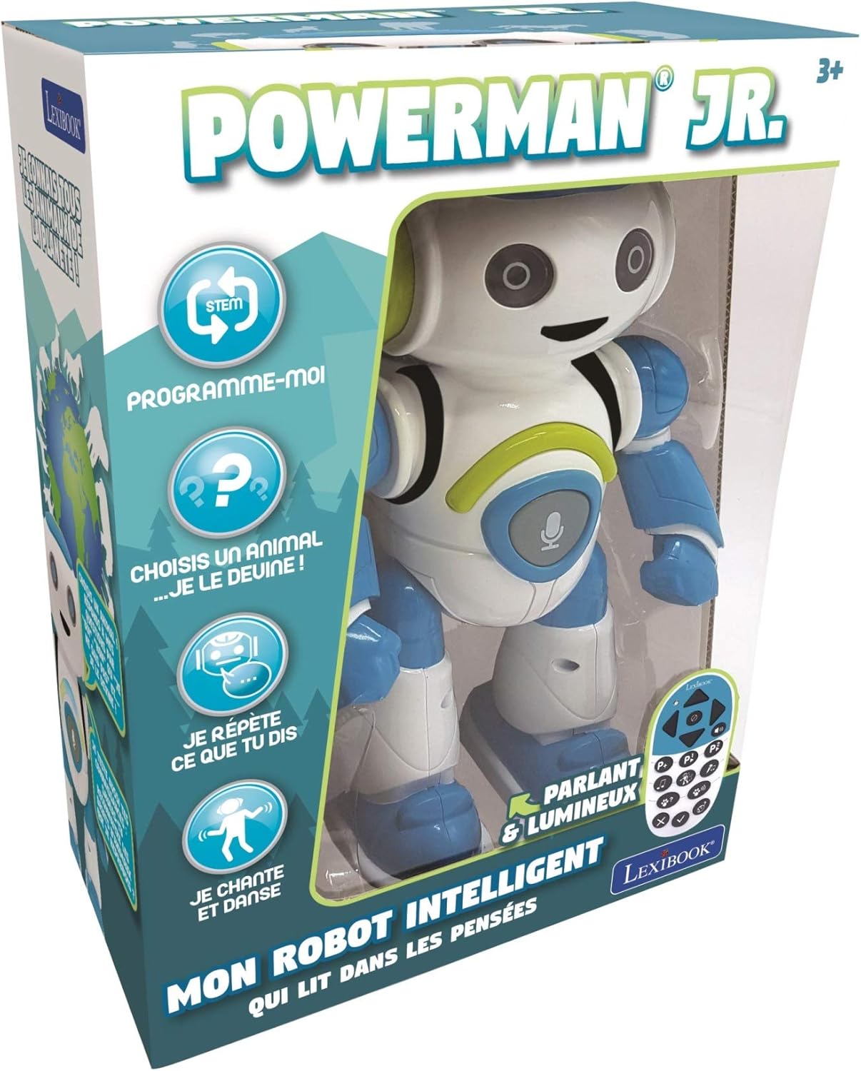 Lexibook - Powerman Jr. Robot Intelligent Qui lit dans Les pensées - Jouet pour garçons et Filles - Powerman Junior Danse Joue de la Musique Quiz Animaux karaoké programmable STEM Vert/Bleu - ROB20FR