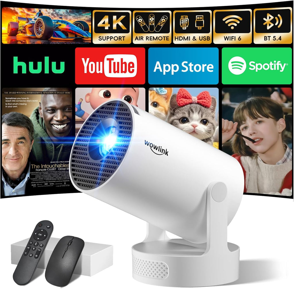 [Apps intégrées & 2025 Upgraded] Vidéoprojecteur avec WiFi 6 et Bluetooth 5.4 Mini Projecteur Supporte 4K 1080P Auto Keystone Rotation 180° Compatibile avec HDMI/TV Stick/Memory Stick/Laptop, Blanc