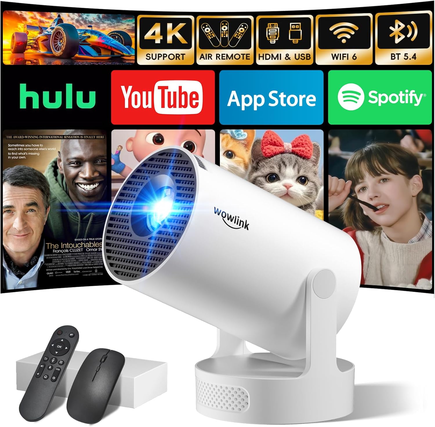 [Apps intégrées & 2025 Upgraded] Vidéoprojecteur avec WiFi 6 et Bluetooth 5.4 Mini Projecteur Supporte 4K 1080P Auto Keystone Rotation 180° Compatibile avec HDMI/TV Stick/Memory Stick/Laptop, Blanc