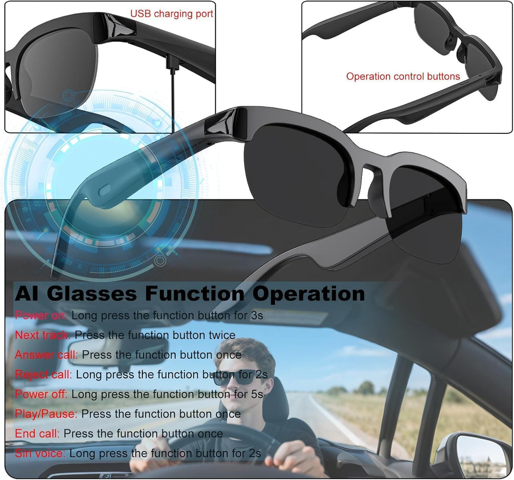 Lunettes de soleil intelligentes Bluetooth Touch Control Music Calling pour homme et femme Verres filtrés UV, étui de rangement