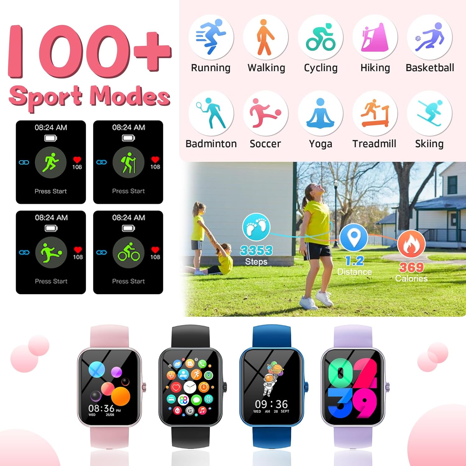 Fitness Tracker Montre Connectée Enfant, Smartwatch pour Garçon Fille 100+ Modes Sport Réveil Pedometer Moniteur Sommei, Jeux, 1,83" HD Smart Watch Intelligente pour Ados 5-16 Ans Cadeau, Rose