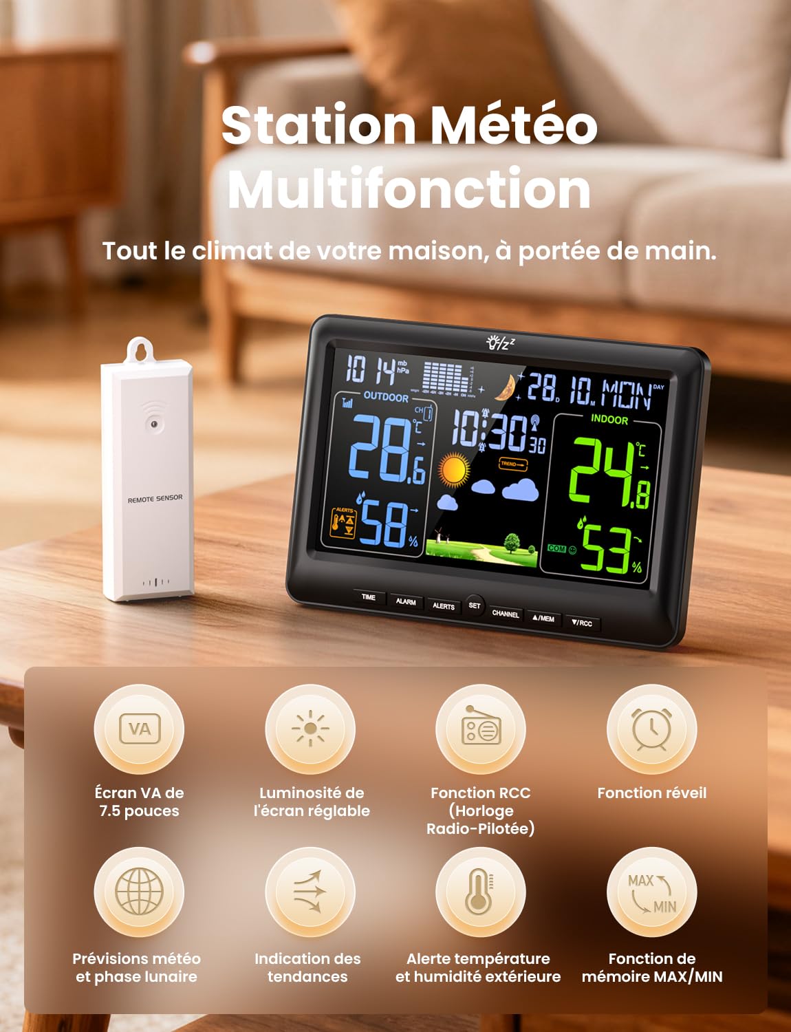 LIORQUE Station Meteo Interieur Exterieur Sans Fil, Thermometre Hygrometre avec capteurs, LCD, Rétro-éclairage, Portée de Transmission sans Fil de 100m, pour Terrasse, Jardin, Cave