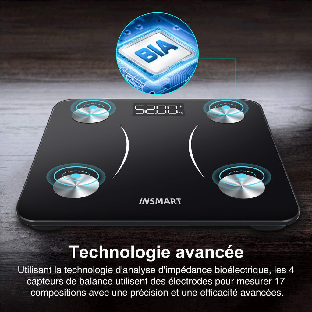 Insmart Balance Pese Personne, Balance Connectée avec apps, Pese Personnes mesure de la balance 16 données corporelles (IMC/graisse corporelle/BMR/muscle, etc.), affichage LED, très précis
