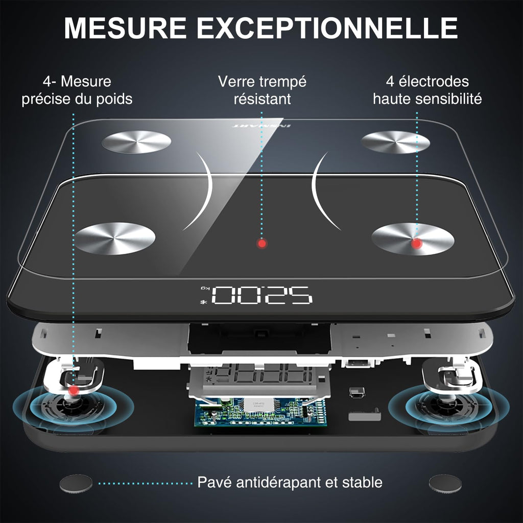 Insmart Balance Pese Personne, Balance Connectée avec apps, Pese Personnes mesure de la balance 16 données corporelles (IMC/graisse corporelle/BMR/muscle, etc.), affichage LED, très précis