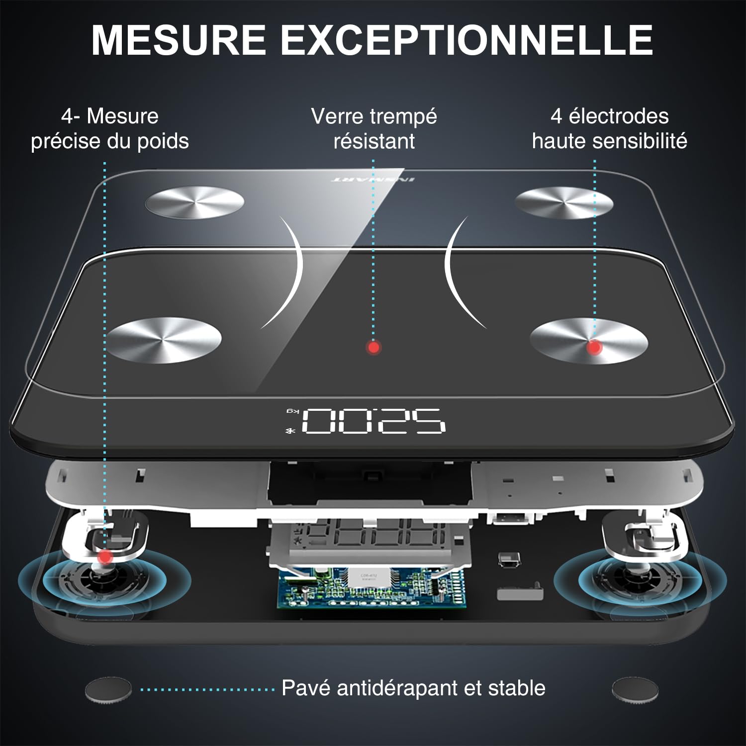 Insmart Balance Pese Personne, Balance Connectée avec apps, Pese Personnes mesure de la balance 16 données corporelles (IMC/graisse corporelle/BMR/muscle, etc.), affichage LED, très précis