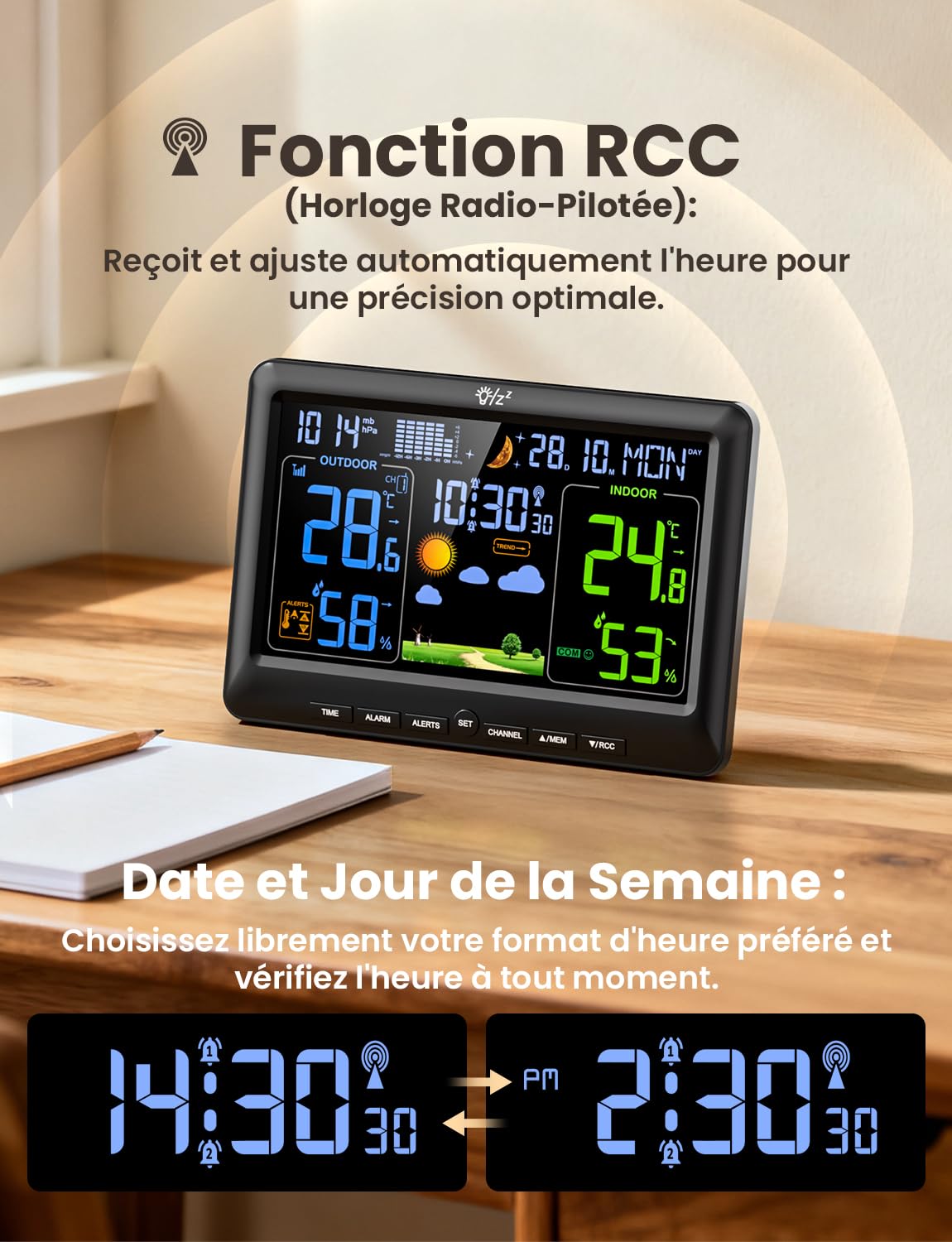 LIORQUE Station Meteo Interieur Exterieur Sans Fil, Thermometre Hygrometre avec capteurs, LCD, Rétro-éclairage, Portée de Transmission sans Fil de 100m, pour Terrasse, Jardin, Cave