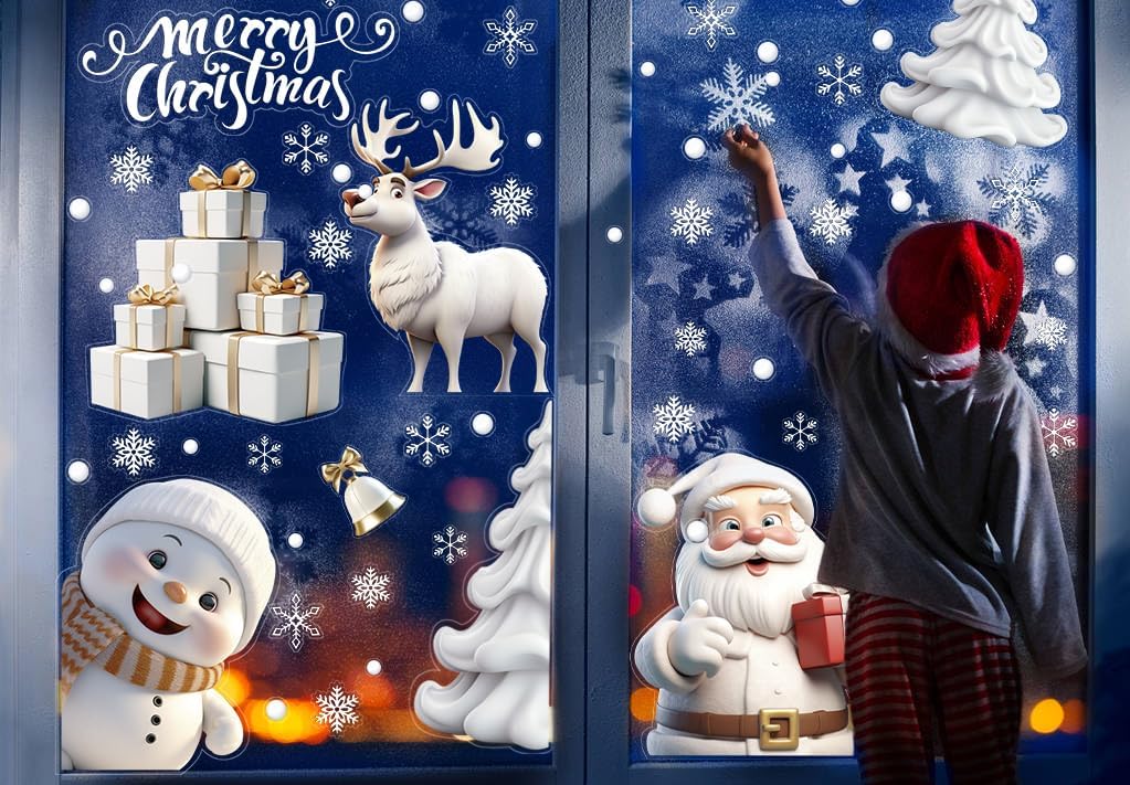 DERAYEE 8 Feuilles Sticker à Effet Stéréoscopique Blanc,141pcs Noel Autocollant Fenêtre Réutilisable,Stickers Noël Fenetre PVC,Flocons de Neige Père Noël,Renne,Cloches