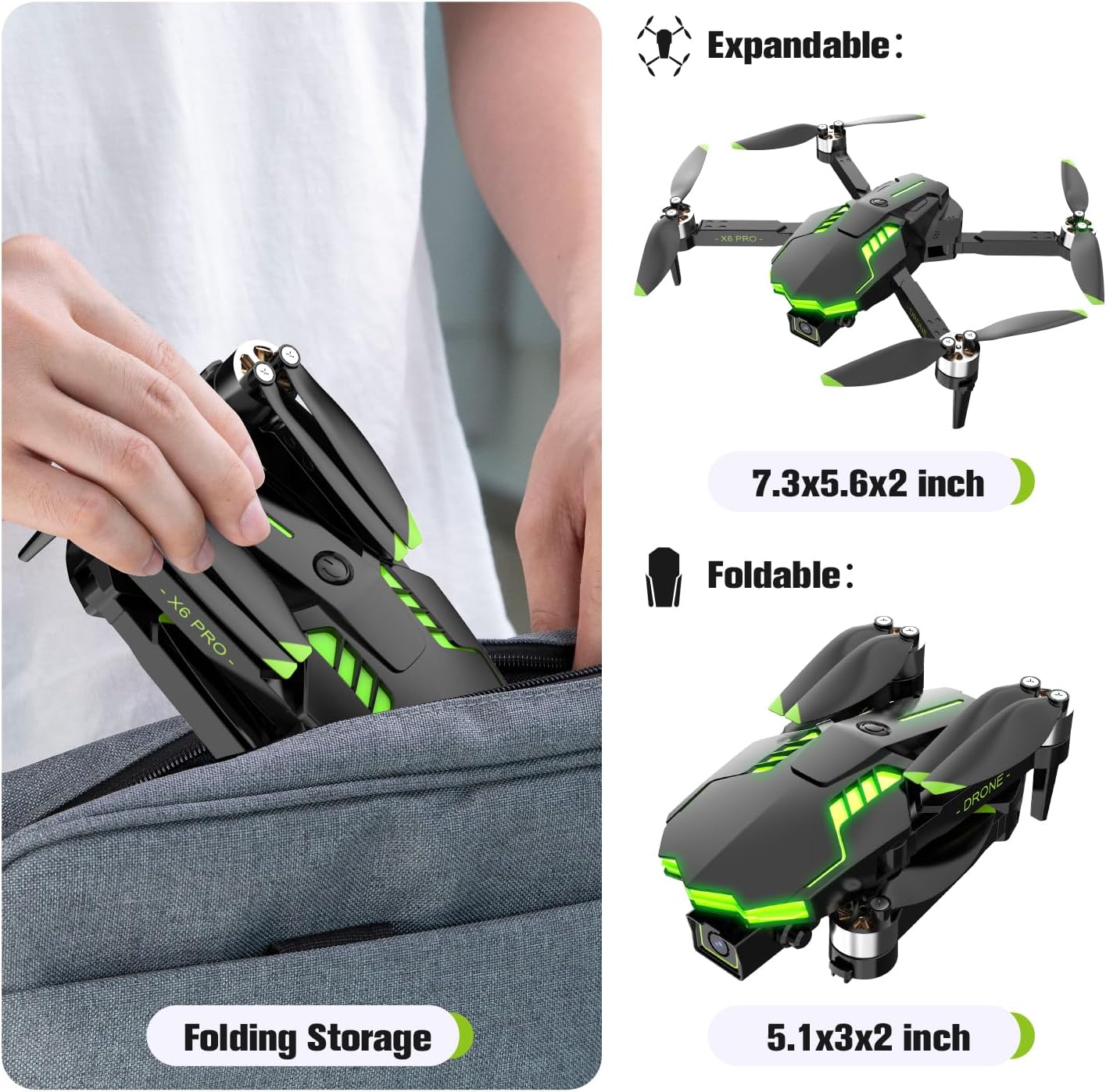 Drone avec Caméra 1080P pour Enfants et Adultes RC Quadricoptère avec Moteur Sans Balais 30mins Longue Durée Vol, Jouets Cadeaux pour Garçons Anniversaire (Green)